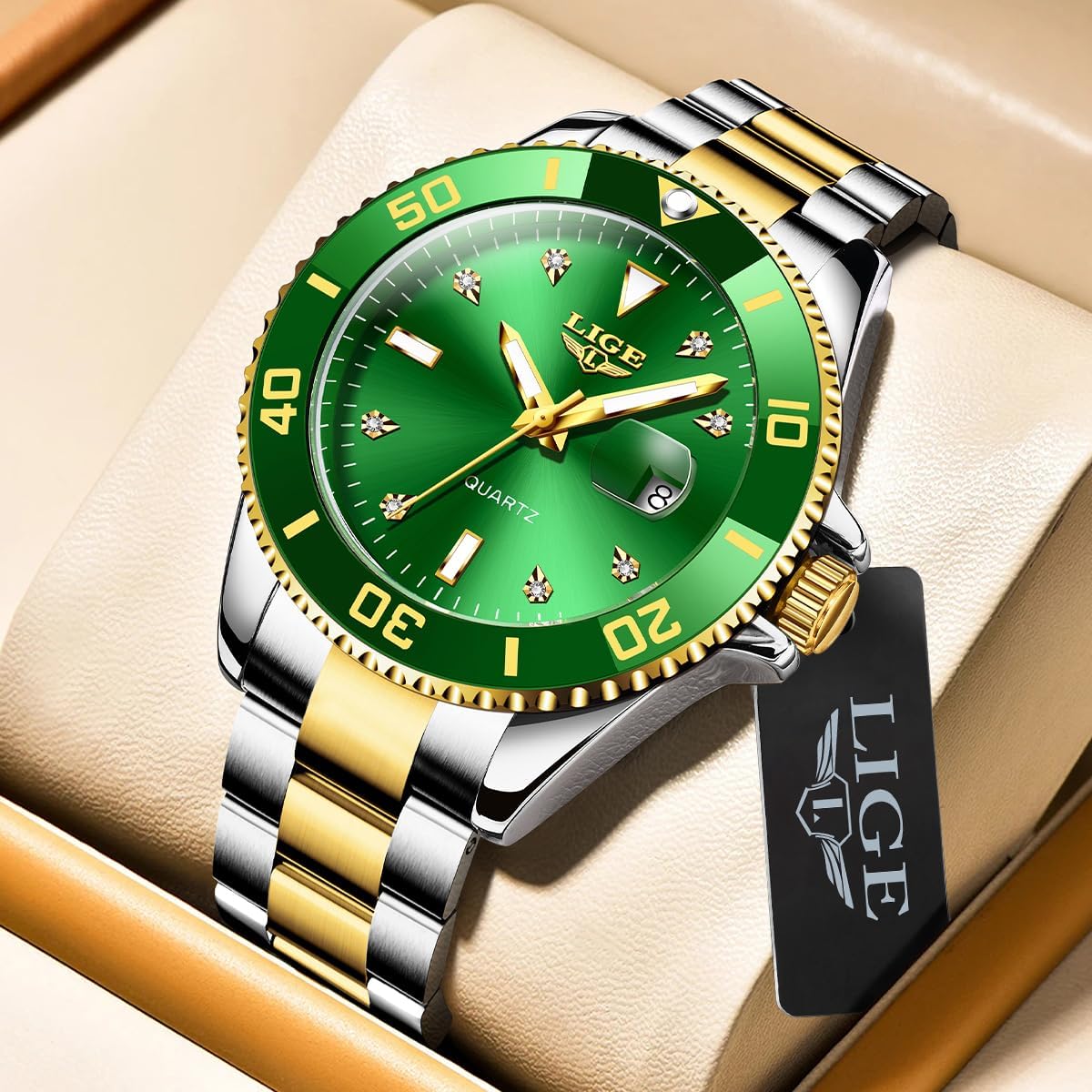 Quartz Watches for Men,Luxury Big Face Diamond Accented Analog Watch,Stainless Steel Waterproof Mens Watches,Date Luminous Business Dress Watch for Men - Image 2