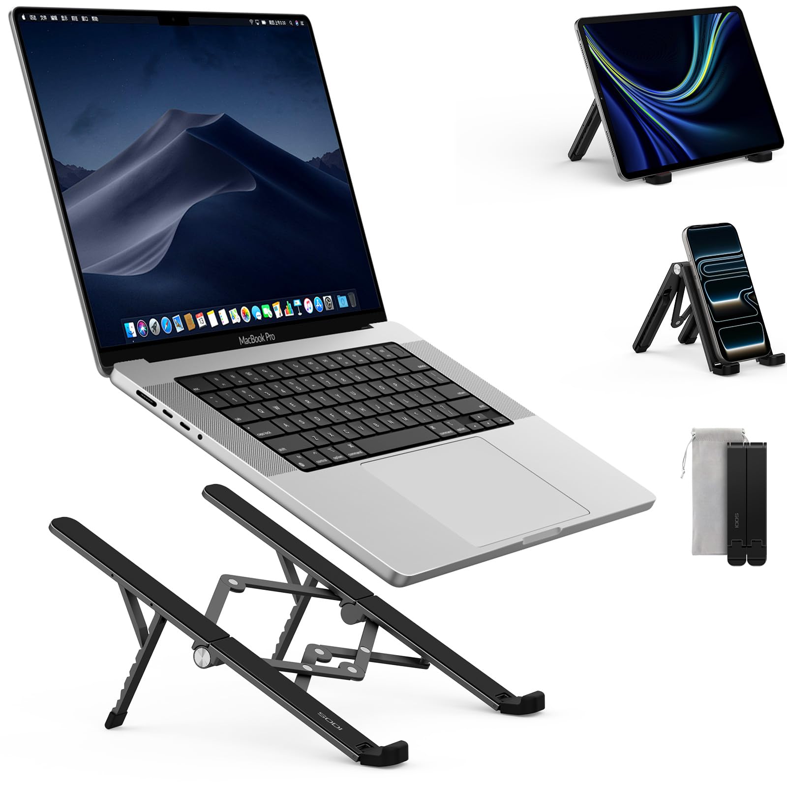 【3-IN-1多機能】SODI ノートパソコンスタンド PCスタンド 折りたたみ式 スマホ&タブレット兼用 安定感 超軽量 角度調整 姿勢改善 パソコン台 卓上 持ち運び 外出 自宅 リモートワーク 10-16インチ対応 収納バッグ 日本語取扱説明書 ブラック
