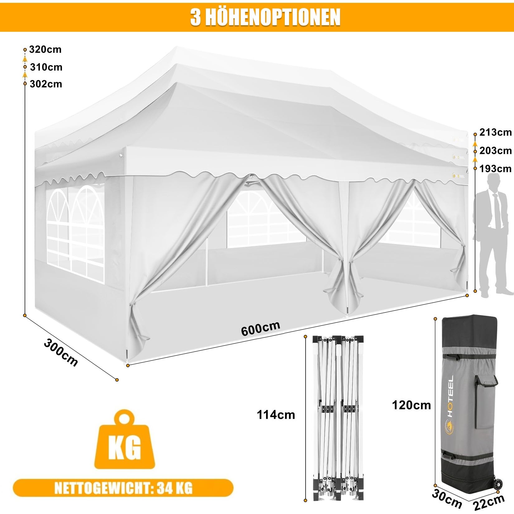 HOTEEL Pavillon 3x6 Faltpavillon 3x6 Wasserdicht Stabil, Partyzelt Faltbar Anti-Uv 50+ Pop Up Gartenpavillon mit 6 Seitenwänden, 4 Sandsäcke, Tasche mit Rollen, für Hochzeiten Partys Markt, Weiß