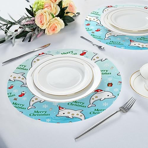 Miniatura 5 de Merry Christmas Cute Dolphin Table placemats Circle Vinyl Reusable placemats individuales para mesa de Papel 15.4x15.4in Set of 6