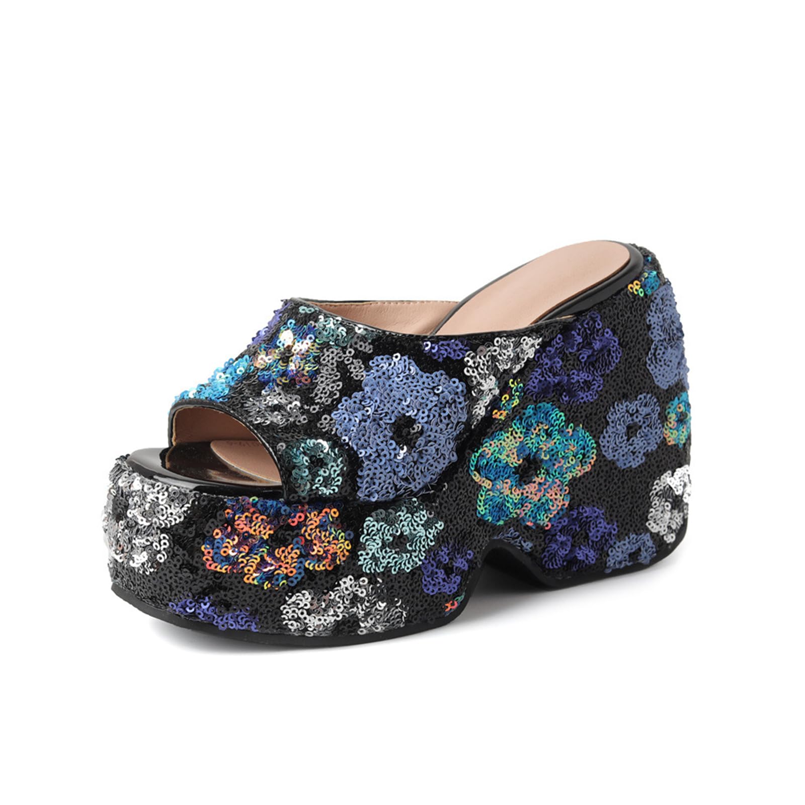 Sandali Donna Mule Zeppe con Paillettes, Punta Aperta, Slip-On con Tacchi a Zeppa Spessi, Scarpe Brillanti per Feste e Festival
