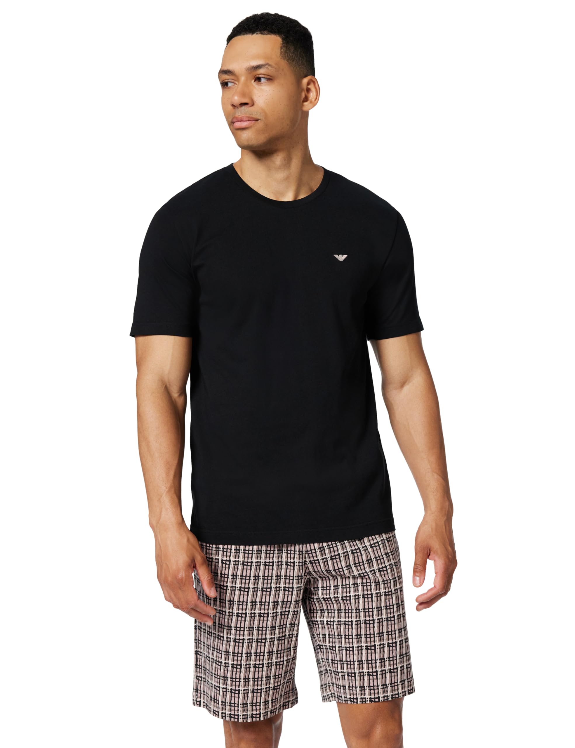 Emporio Armani Herren Schwarz/Eisenkaros -T-Shirt Mit Muster Und Shorts, Pyjama, Größe Xl