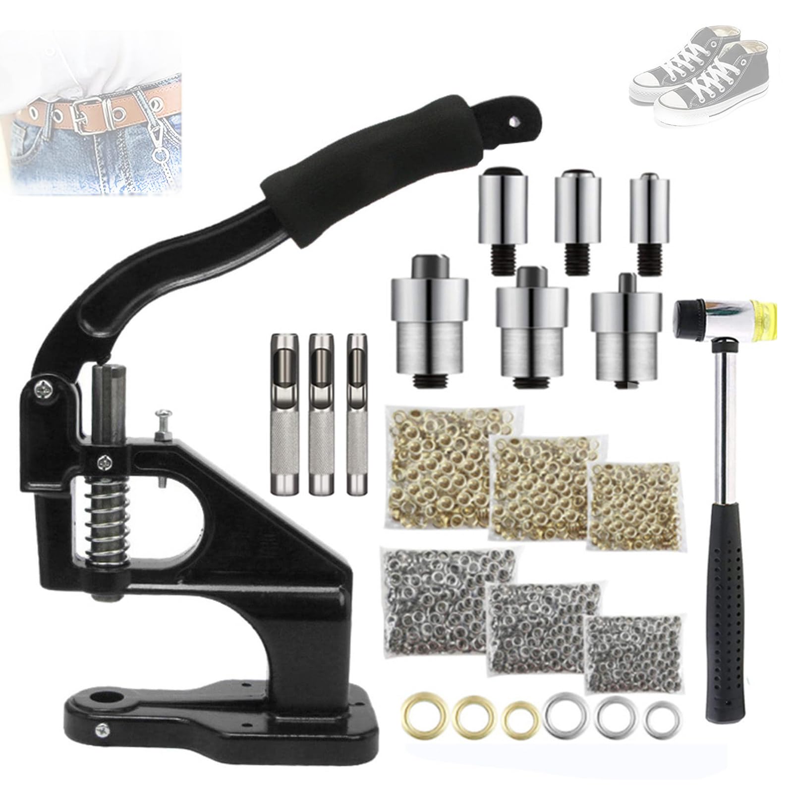 Remachadora Ojales Profesional Máquina Ojales con 3 Matrices Intercambiables (#0#2#4) & 3000 Piezas Ojales Metálicos Oro/Plata (6/10/12mm) para Lonas, Banderas, Cortinas, Cuero Black