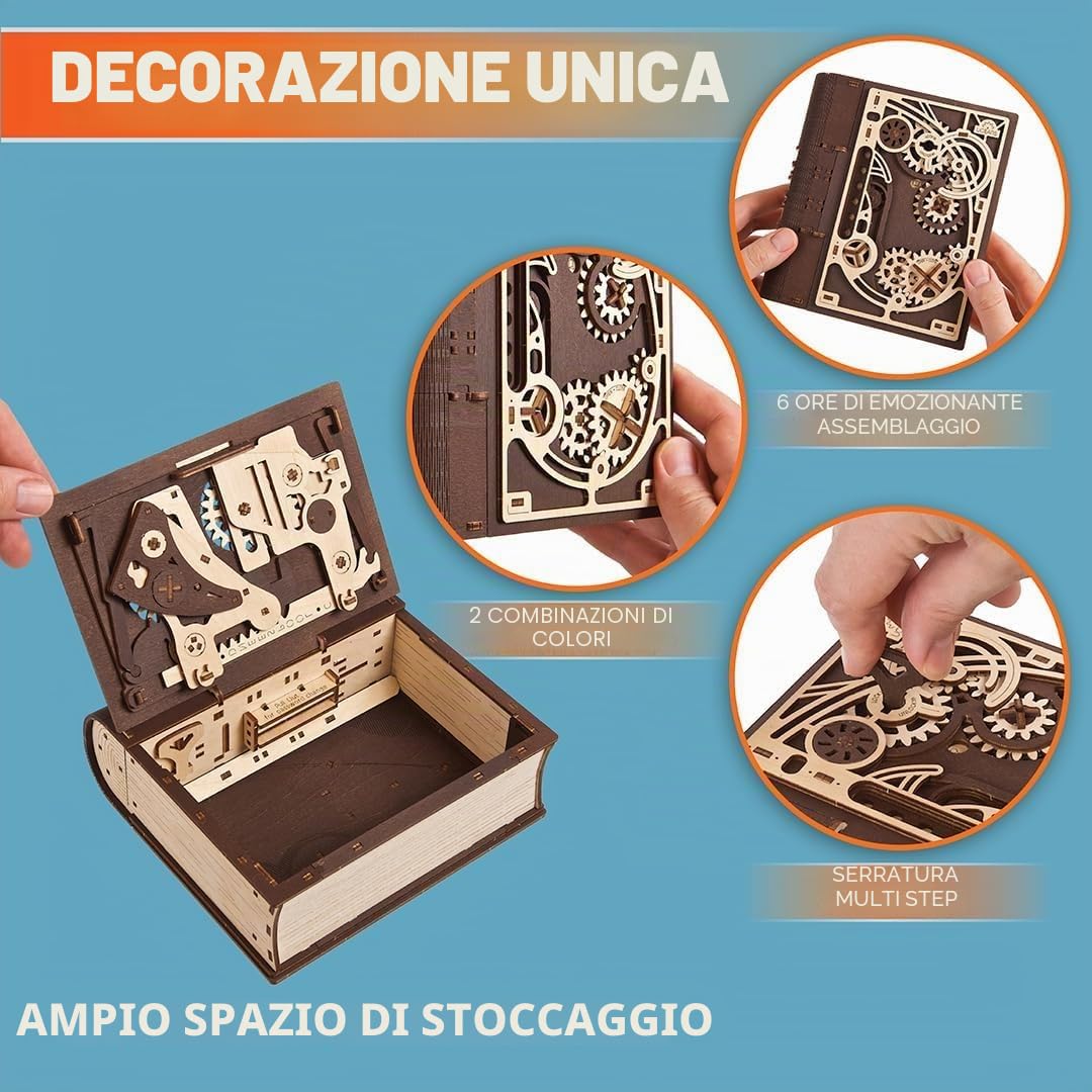 UGEARS Libro dei Segreti Scatola Puzzle 3D - Puzzle in Legno 3D per Adulti, Divertenti Kit Fai-Da-Te per Adulti - Scatola del Tesoro con Lucchetto a Combinazione Steampunk, 263 Pezzi
