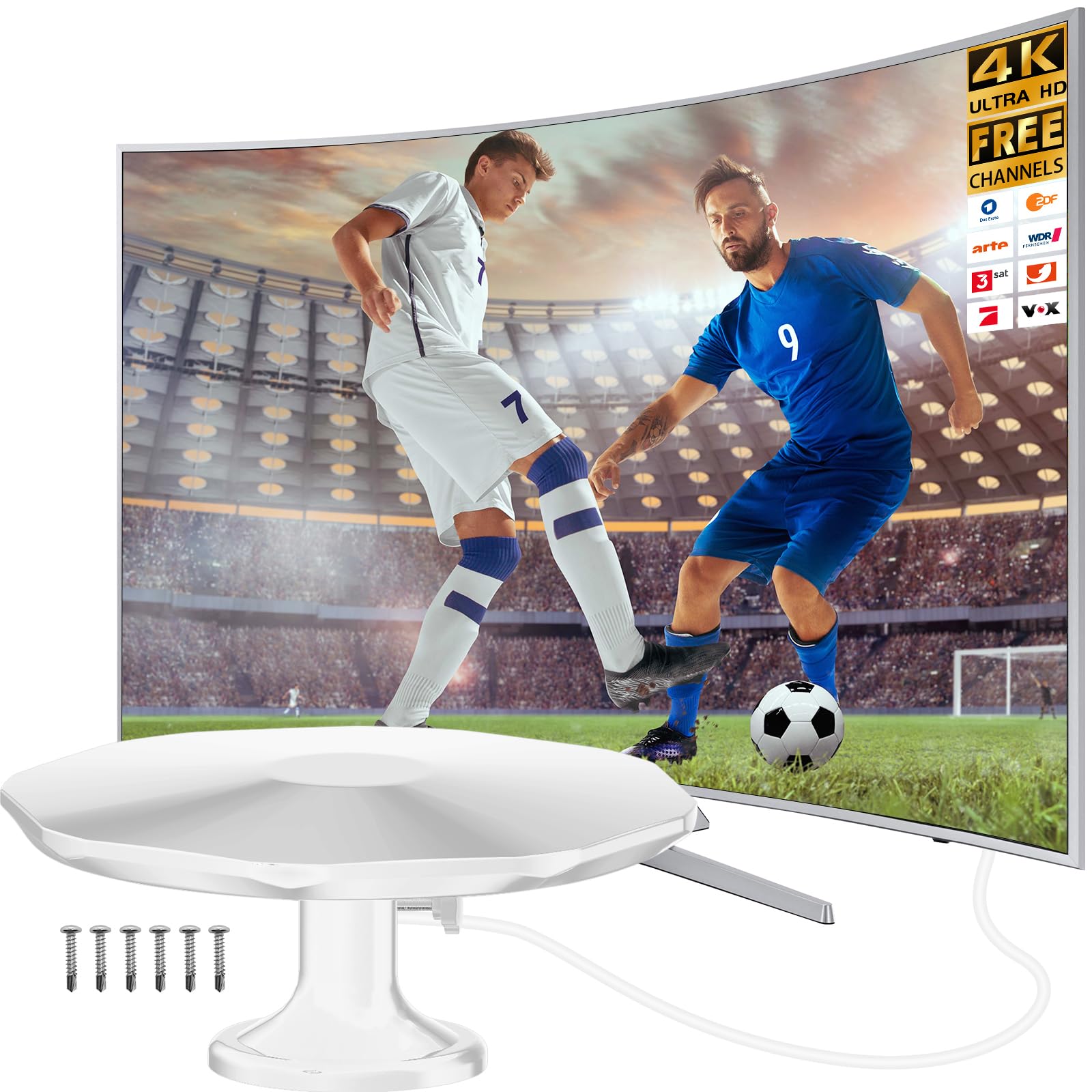 Antenne DVBT2 - Antenne d'intérieur DVB-T et DVB-T2 avec amplificateur, grande portée et réception à 360° - Antenne d'intérieur pour téléviseur avec base magnétique puissante - Convient pour 4K 1080p