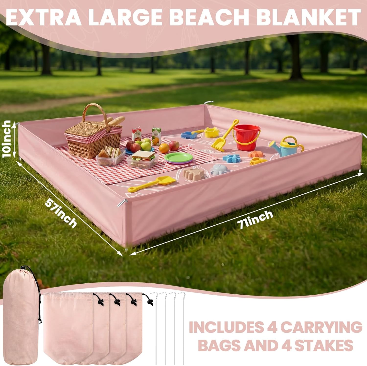 Large Beach Blanket Sandproof Waterproof with Side Walls, 71"x57" Pink Outdoor Portable Beach Blanket Includes 4 Storage Bags and 4 Stakes for Beaches Keep Sand Out Family Camping Park Travel Vacation