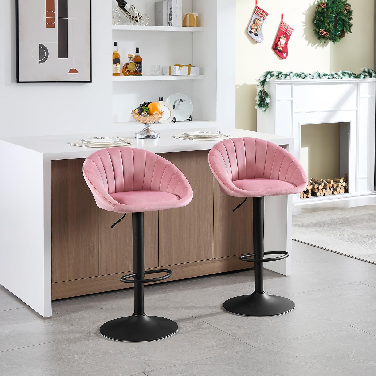 WOLTU Barhocker 2er Set, Barstuhl Höhenverstellbar, Samt-Bezug, Rosa