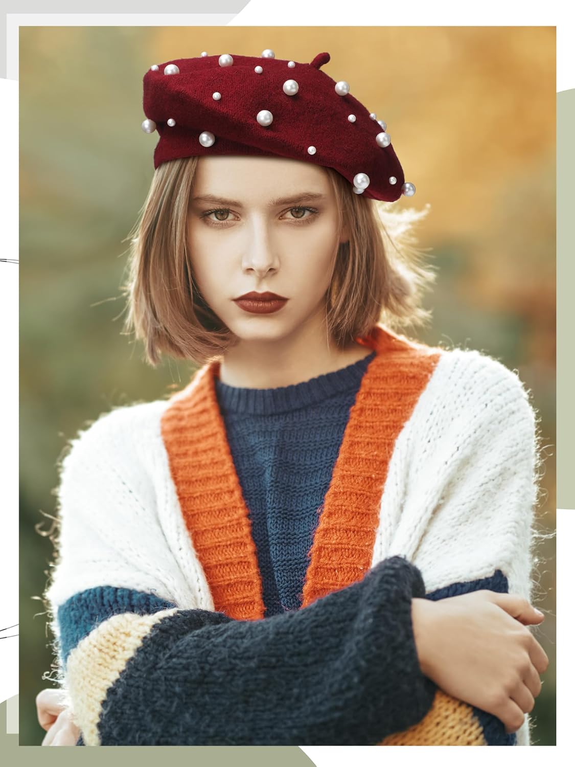 Vabean Wool Berets Pearl Beaded Cap Beanie Sweet Elegant French Beret Artist Pearl Hat for Women Lady - Image 2