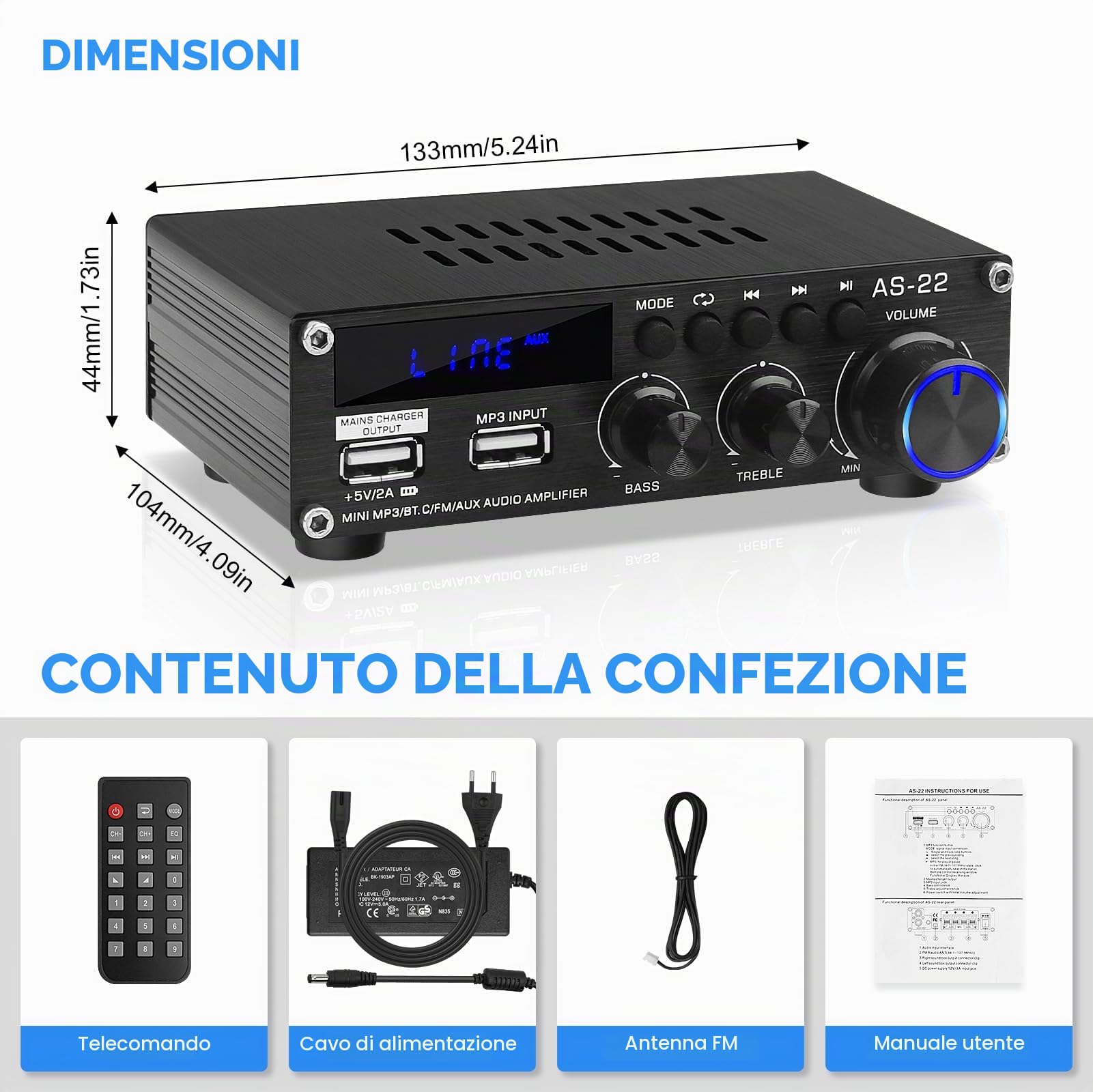 Amplificatore HiFi Bluetooth AS-22 Mini Amplificatore Audio Stereo 2.0 Canali 40W x 2 Classe D Ricevitore Amplificatore di Potenza Digitale con Ingresso BT AUX USB, DC 12V/5A