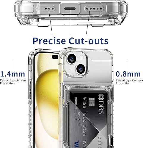 Miniatura 6 de Funda protectora transparente para iPhone 15 con tarjetero de crédito, protección resistente, antiarañazos, antiarañazos, amarilla, para iPhone 15