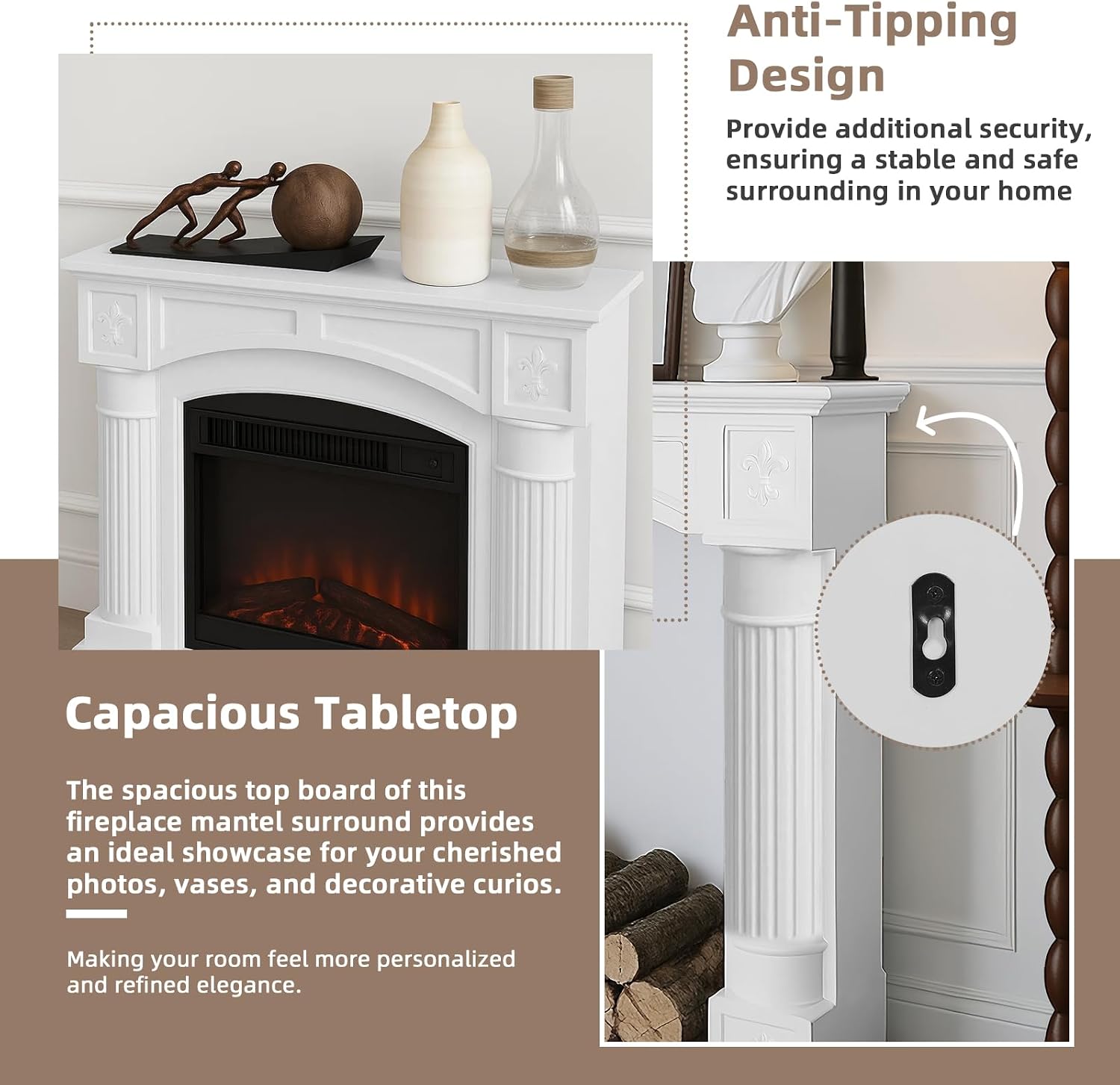 Modern White Freestanding Fireplace Mantel Surround – Waterproof, Anti-Tipping Premium MDF Mantel with Leg for Electric Fireplace, Living Room Decor