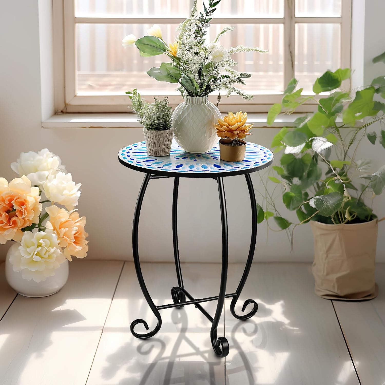 14" Outdoor Side Table, Scrollwork Accent Round End Table, Unique Relief Ceramic Tile Tabletop with Metal Frame, Coffee Tea Table Nightstand for Living Room, Bedroom