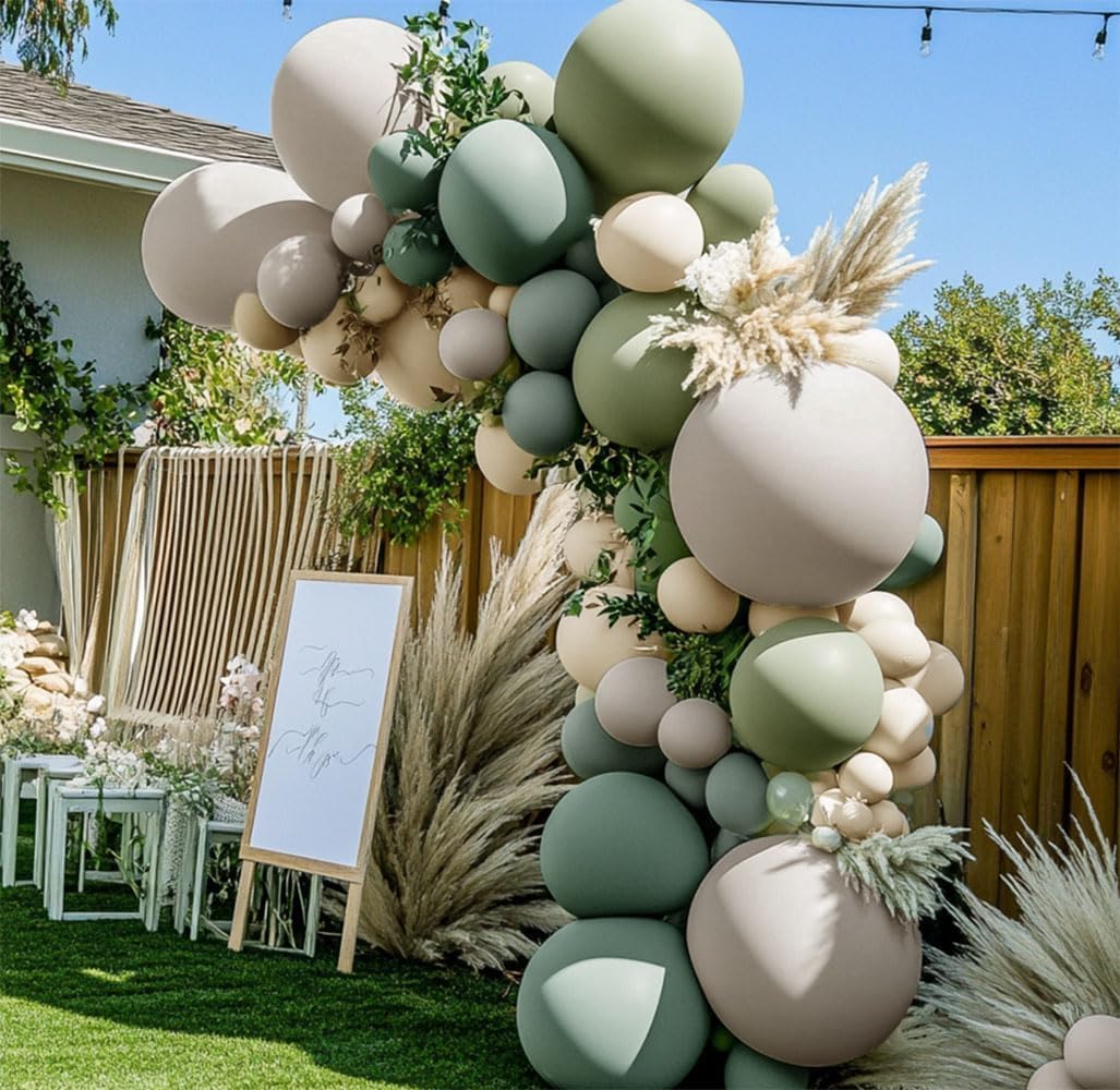 Dusty Green White Sand Balloon Garland - Double Stuffed Light Sage Green White Cream Balloon Arch Kit Latex Olive Beige Balloons for Baby Shower Birthday Woodland Wedding Wild One Party Decor