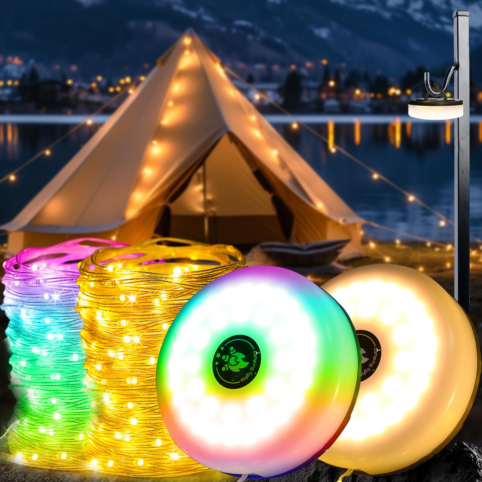 Camping String Lights 10M 2PCS, 3 in 1Waterproof Portable Outdoor Camping Fairy Lights 8 Lighting Modes, USB Rechargeable Retractable Camp Light for Tent RV Yard Patio Garden Party Decor, Multicolour