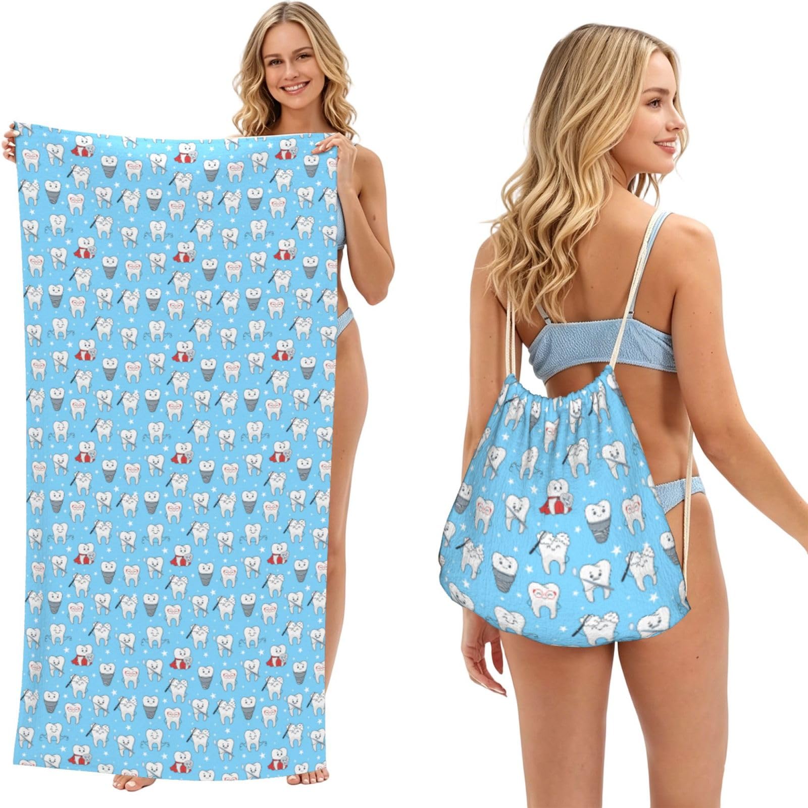 Poadnly As Picture Dental Funny Teeth Cartoon Pattern, 2 In 1 Packable Towel Bag, Beach Towels With Drawstring Backpack For Travel Holiday Camping