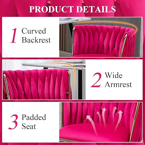 Miniatura 5 de NIOIIKIT Sillas de comedor modernas de terciopelo Sillas de acento tejidas a mano Sillas de sala de estar Silla tapizada lateral con patas doradas