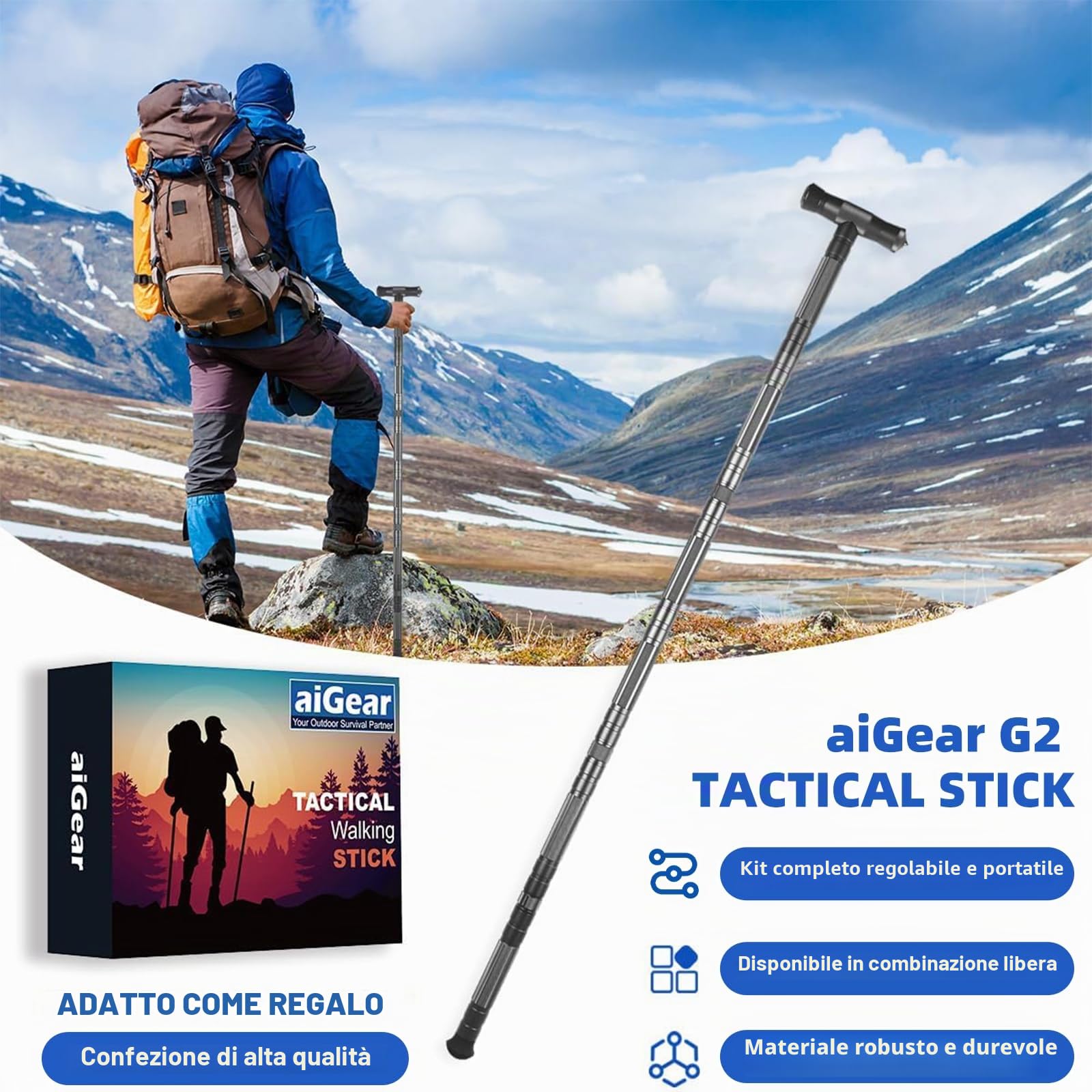 aiGear Bastoncini Trekking in Alluminio con 3 Extérieur Accessoires Grigio | Bastoni Trekking, Antiurto, Leggero e Resistente, Lunghezza Regolabile, per Escursionismo, Campeggio, Montagna, Zaino