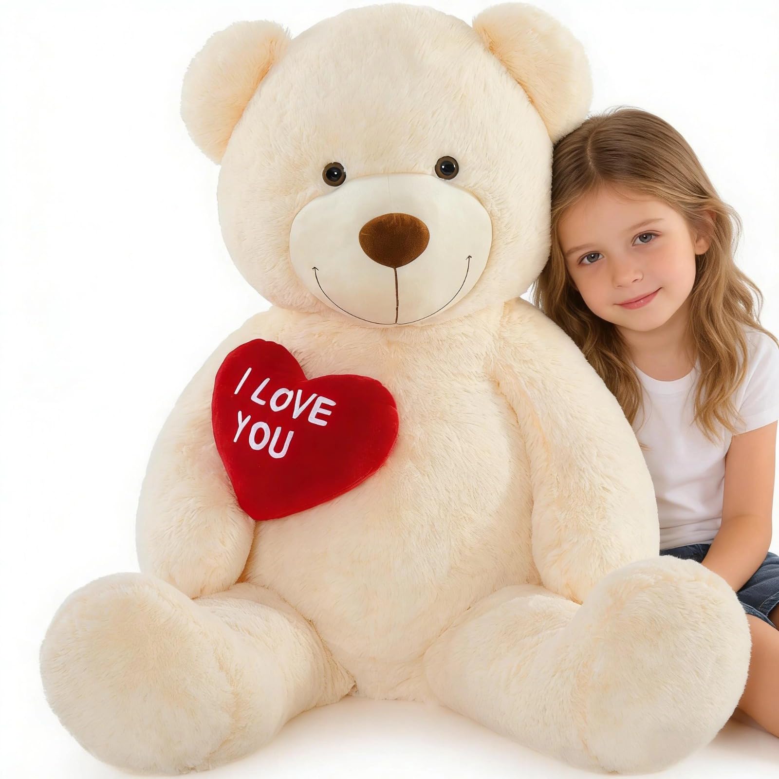 BENINY Big Teddy Bears, Giant White Teddy Bear Stuffed Animals with Embroidered I Love You for Girlfriend, Red Heart Fluffy Teddy Bear Birthday Gifts