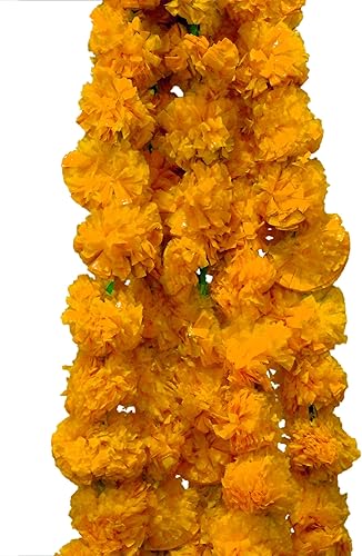 HOME GENIE Genda Phool - Guirnalda de caléndula artificial de flores esponjosasGenda Phool para decoración de oficina, 5 piezas, mango