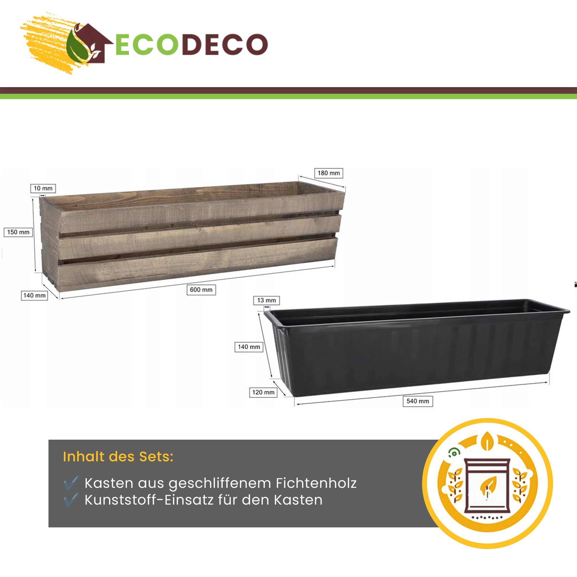 ECODECO Cassetta di Legno per Piante - Fioriera da Esterno con Inserto in Plastica - Vaso Rettangolare 18x60x15 cm per Balcone e Giardino - Contenitore Robusto Marrone