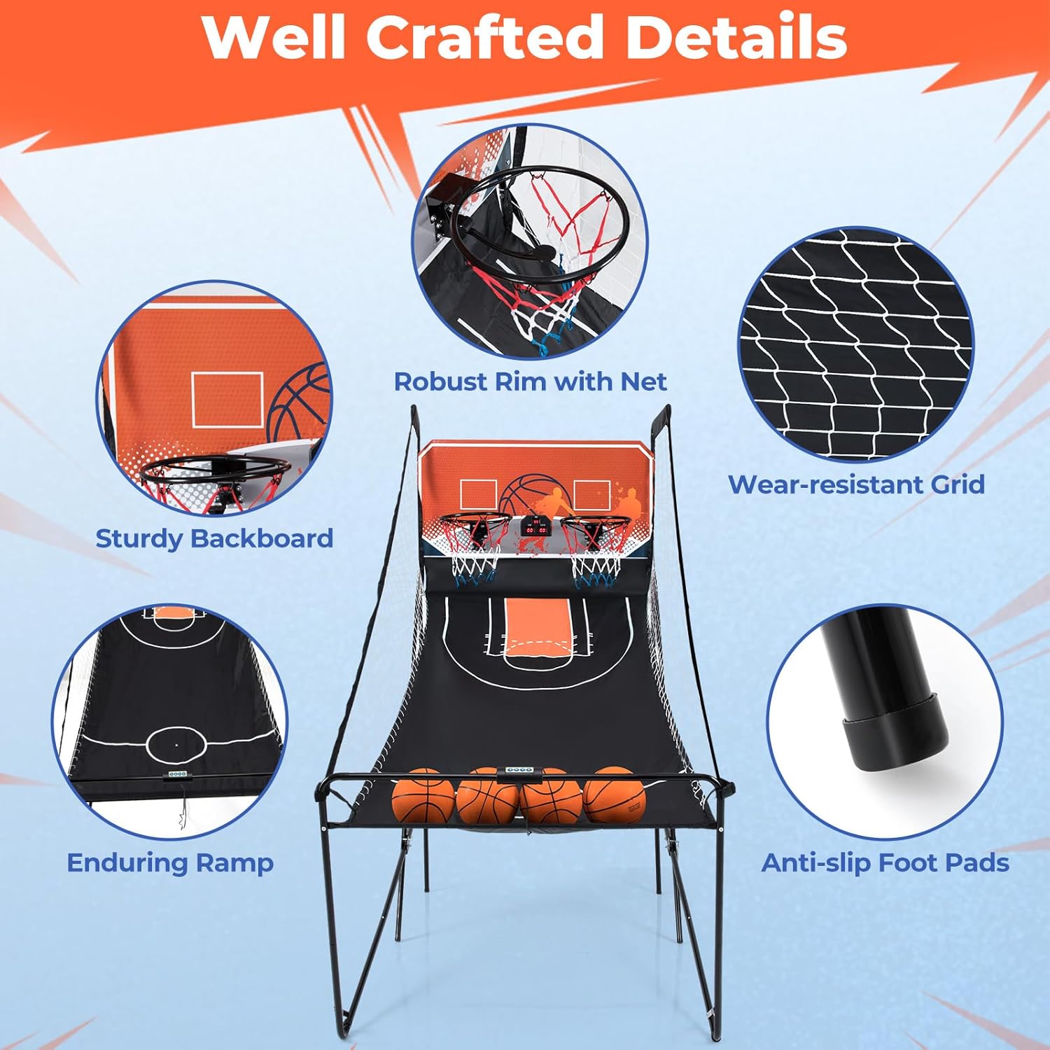 Goplus Foldable Dual Shot Basketball Arcade Game, Electronic Basketball Hoop w/LCD Scoreboard, 8 Game Modes, 4 Balls, Indoor Outdoor Basketball Game Machine for Adults (Orange)