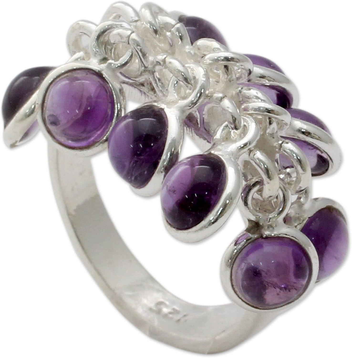 NOVICA Handmade .925 Sterling Silver Amethyst Cluster Ring India Artisan Crafted with 10 Amethysts Purple Birthstone 'Festive Style'