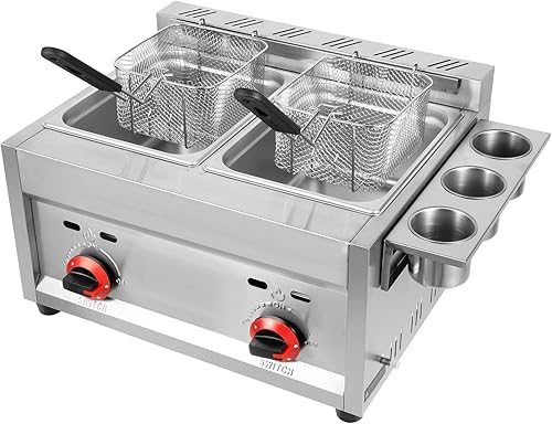 Freidora de gas comercial para encimera, kits profesionales de freidora profunda de acero inoxidable 6Lx2 LPG para uso comercial y doméstico, 2
