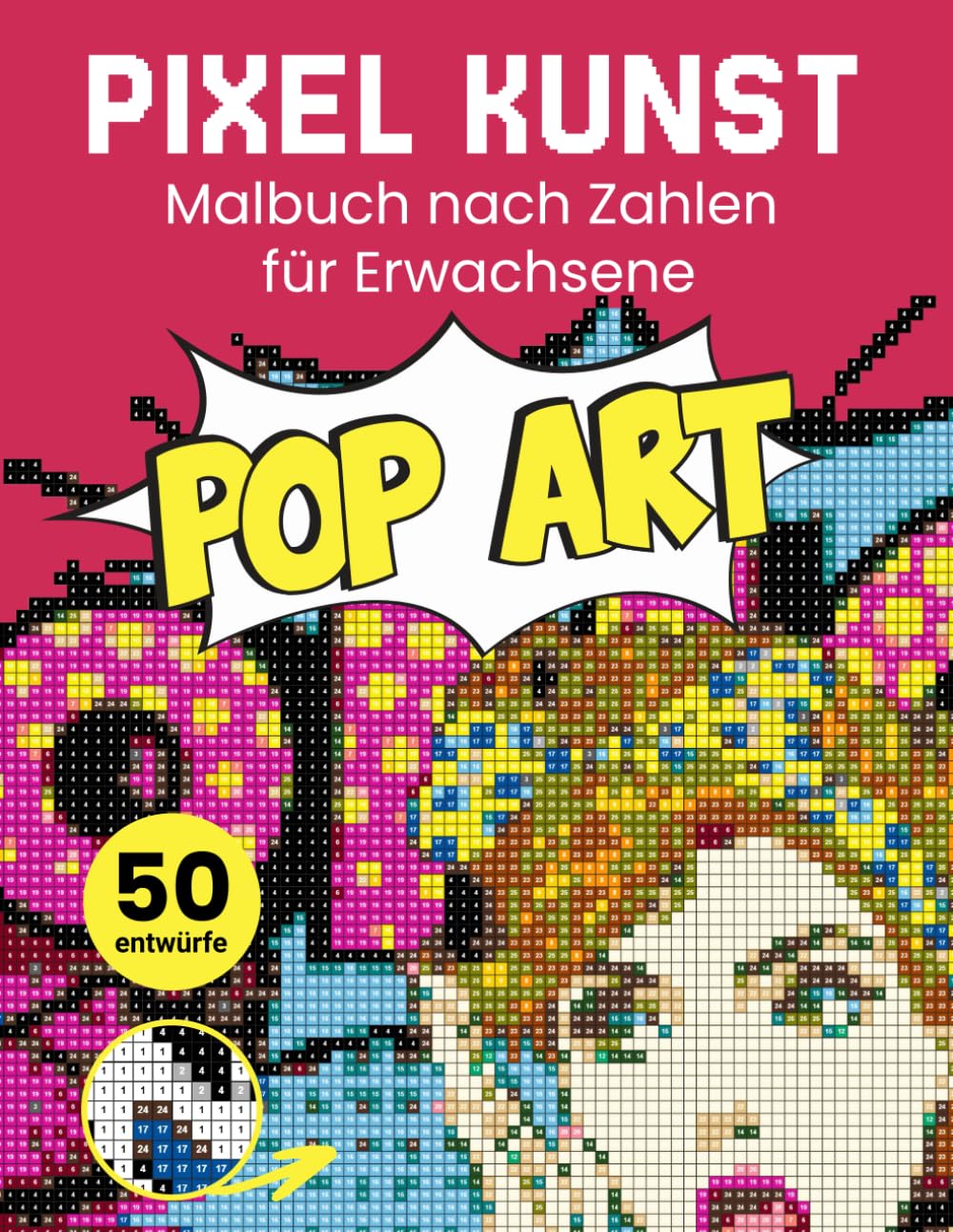 Pixel kunst Pop art Malbuch nach Zahlen für Erwachsene. Mystery Mosaik quadratisch. Ausmalen nach Zahlen. Motive enthüllen afrikanische und europäische Popart-Kunst.