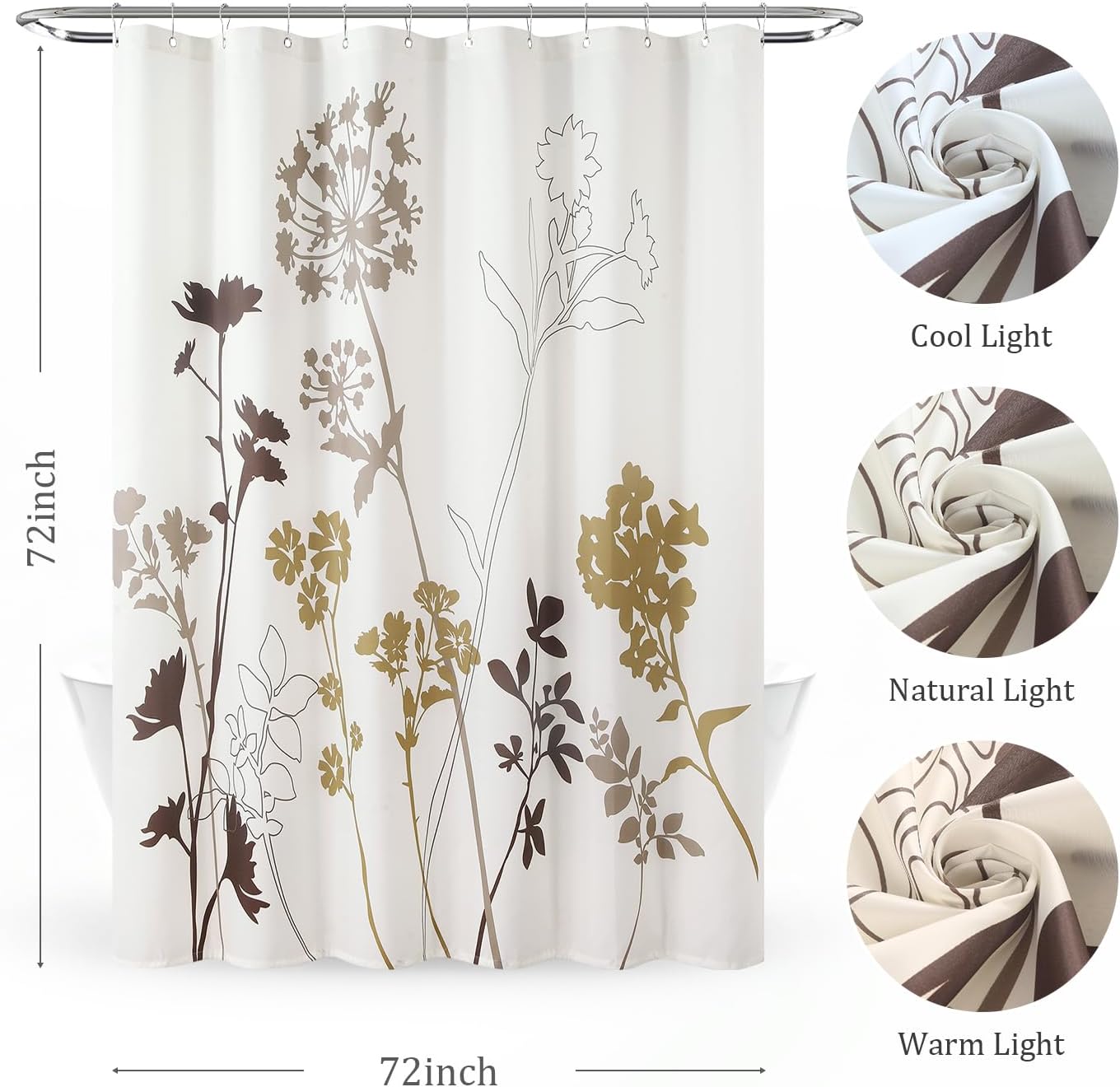 Floral Fabric Shower Curtain - Waterproof Bathroom Curtain with Botanical Plant Print in Beige Brown Grey, 72" W x 72" H