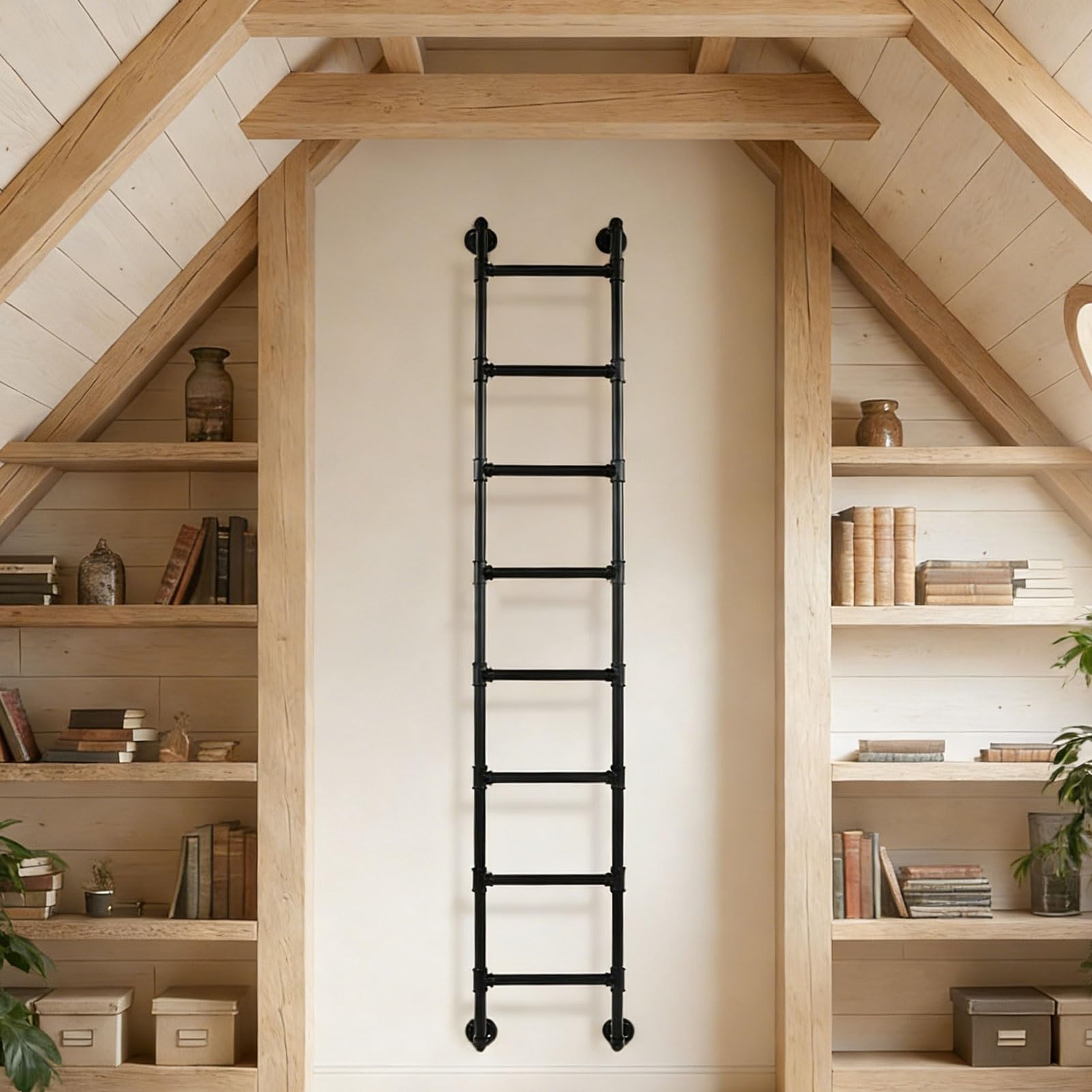 Échelle murale de grenier 180 cm en acier robuste pour bibliothèques