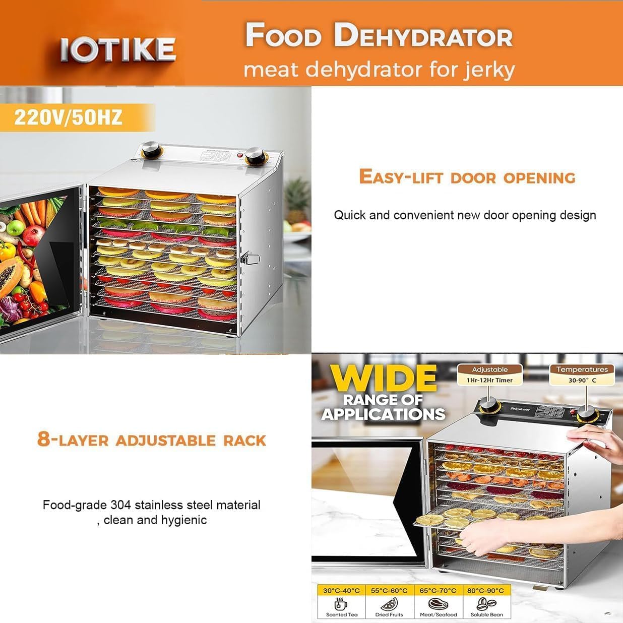 Commercial Electric Food Dehydrator - 12-Hour Timer, Adjustable 30-90℃ Temperature Control, Stainless Steel Fruit & Jerky Dryer for Herbs, Vegetables, Dog Treats - 12 Layers