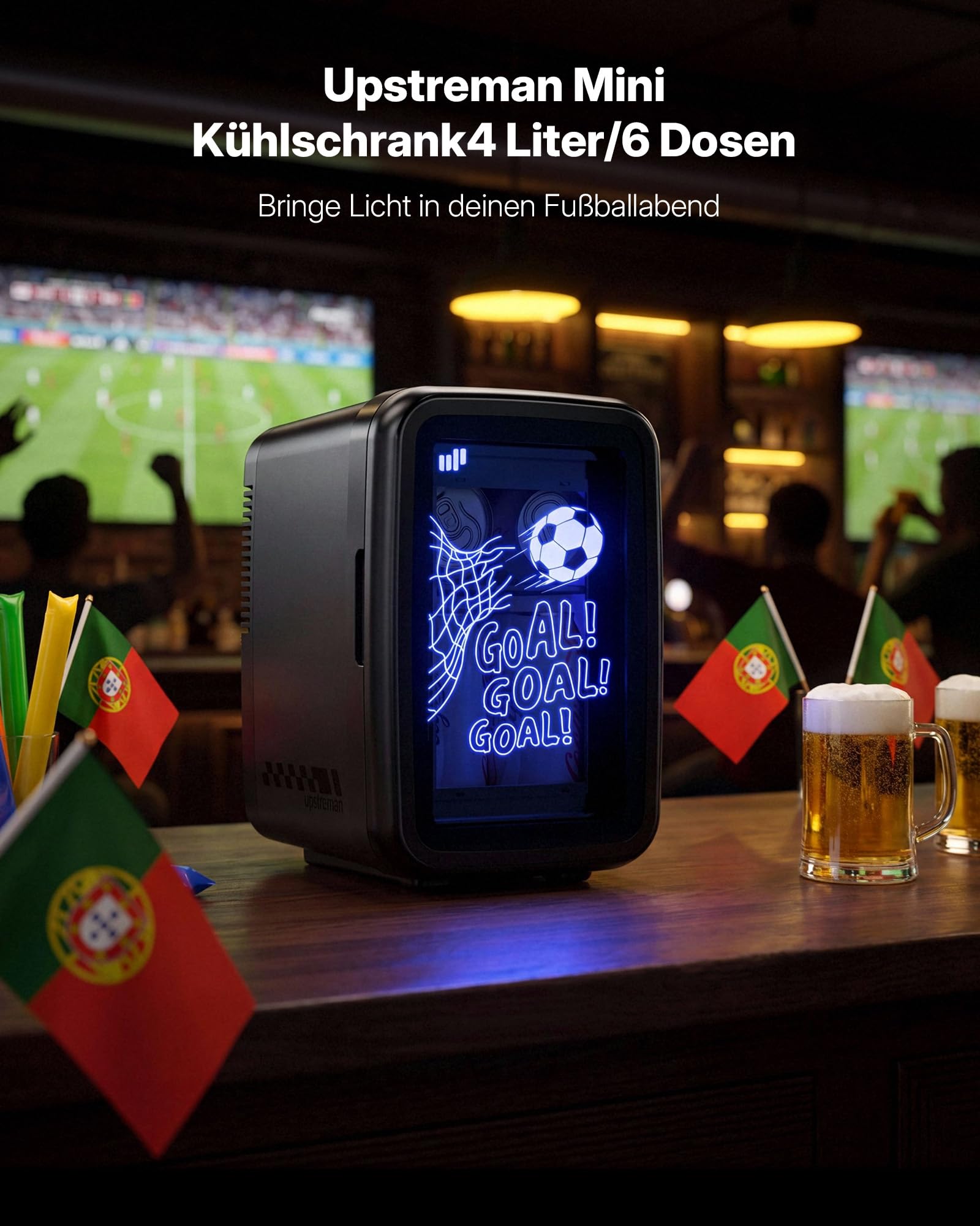 Upstreman Mini Kühlschrank, 4L / 6 Dosen, 7 Farben LED, Kühlen & Warmhalten Minikühlschrank für Getränke & Skincare, AC 220V / DC 12V, Kleiner Kühlschrank für Fußballspiel, Gaming, Auto, TR4-F
