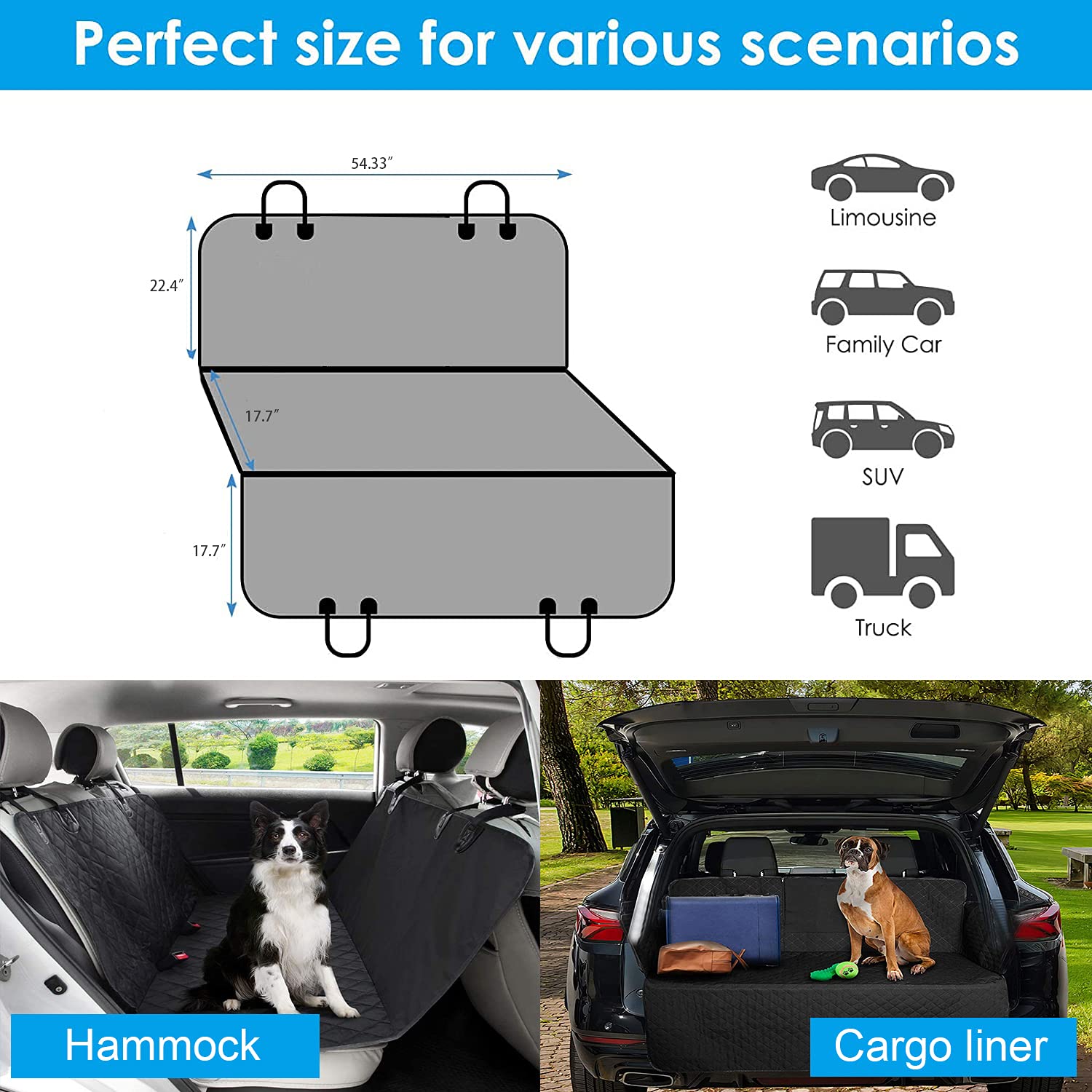 A pet owner's vehicle interior protected by the durable, waterproof Petnice Pet Back Seat Cover.
