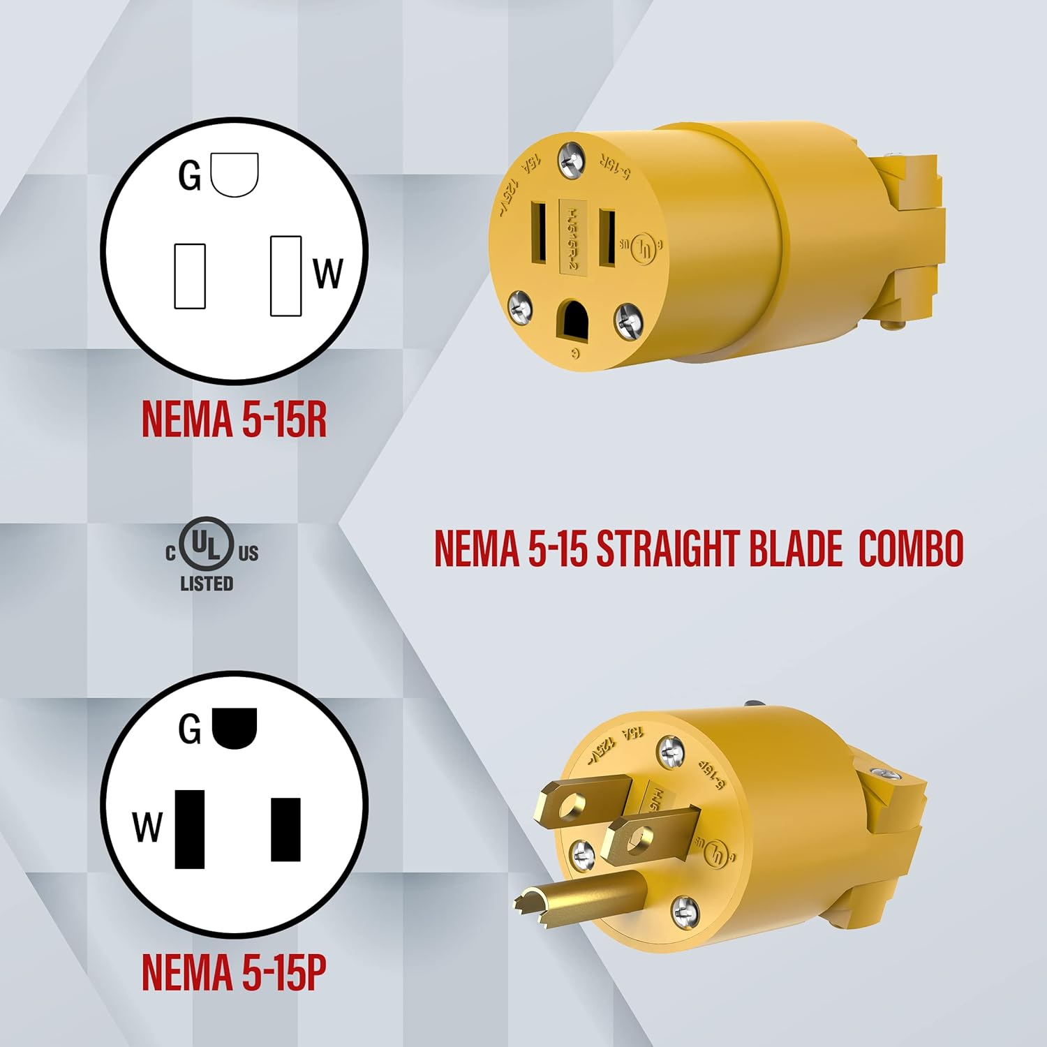 ENERLITES Electrical Replacement Plug & Connector Set, Extension Cord Ends Male and Female, 15 Amp 125 Volt, Straight Blade Plug Grounding Type, NEMA 5-15P & 5-15R, UL Listed, 66202-Y, Yellow, 5 Pack: Tools & Home Improvement