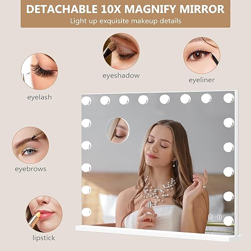 Miniatura 5 de Fenair Espejo de tocador grande con luces y altavoz, espejo de maquillaje iluminado Hollywood con base resistente, 18 bombillas LED regulables, 3