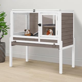 GUTINNEEN Indoor Rabbit Hutch Guinea Pig Cages with Chew-Proof Ramp, 2-Story Wooden Bunny House with Pull-Out Tray & Leakproof PVC Layer, Small Animal Cage with Detachable Legs