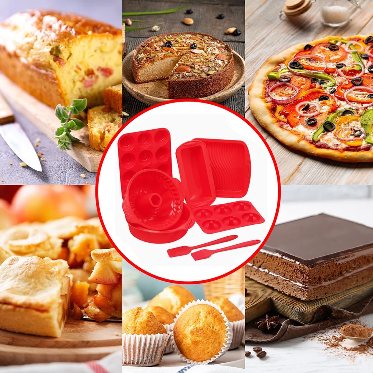 8PCS Silicone Baking Pans Sets - Nonstick Silicone Bakeware Set with Bread Loaf Pan, Muffin Pan, Square & Round Cake Pan, Bundt Cake Pan, Donut Pan - Oven & Dishwasher Safe with Brush & Spatula (Red)