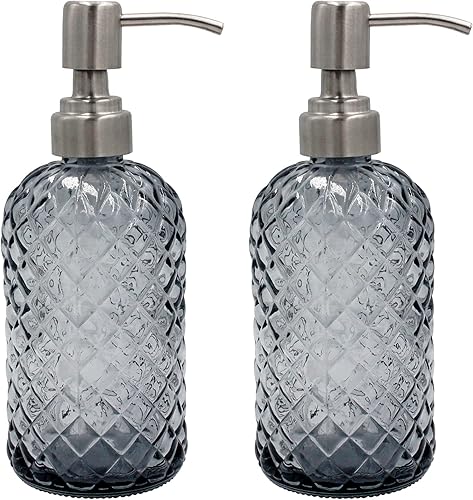 Dispensador de jabón de vidrio con patrón de diamante de 16 onzas, dispensador de jabón recargable para cocina y baño, con bomba de acero inoxidable