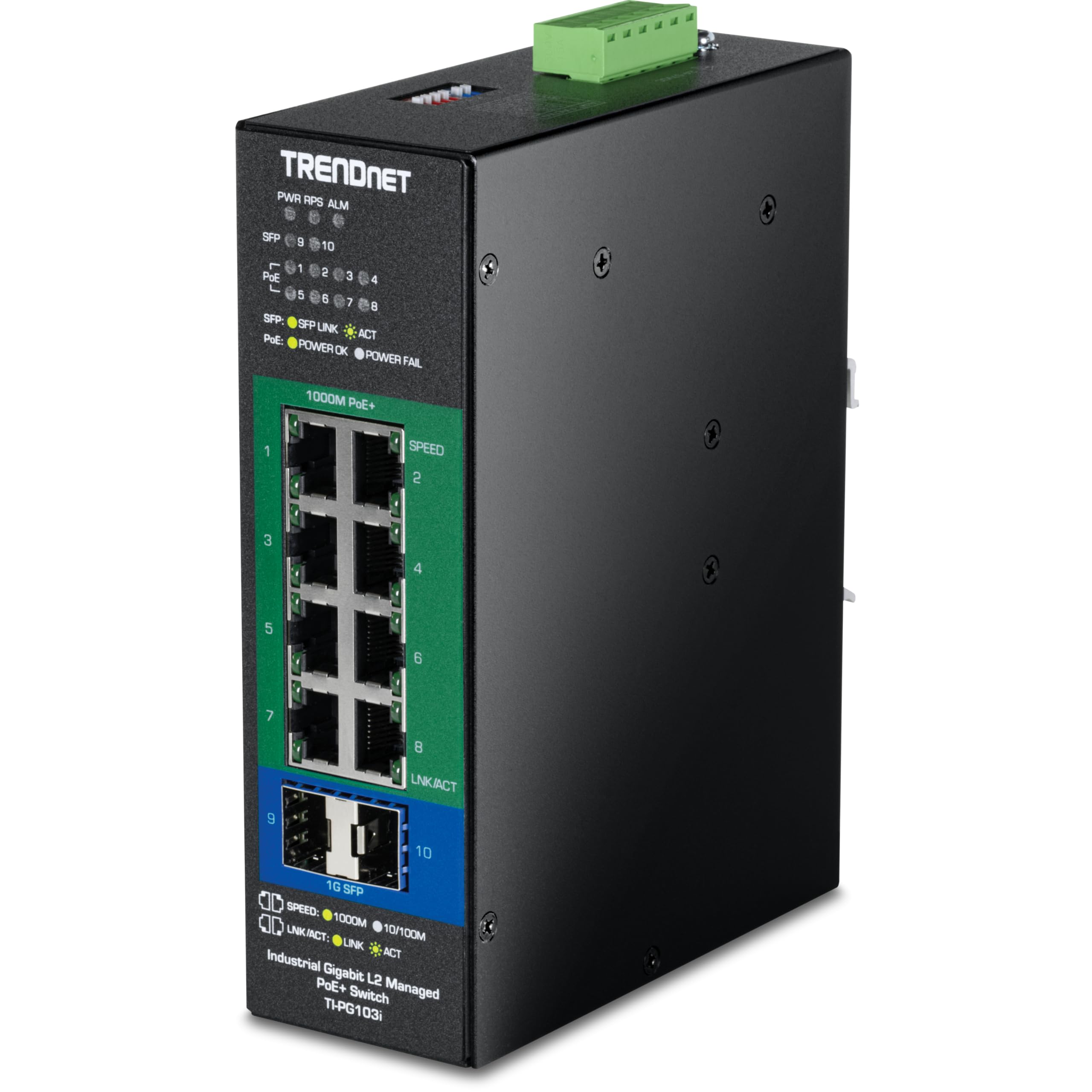 TRENDnet 10-Port Industrial Gigabit L2 Managed PoE+ DIN-Rail Switch, TI-PG103I