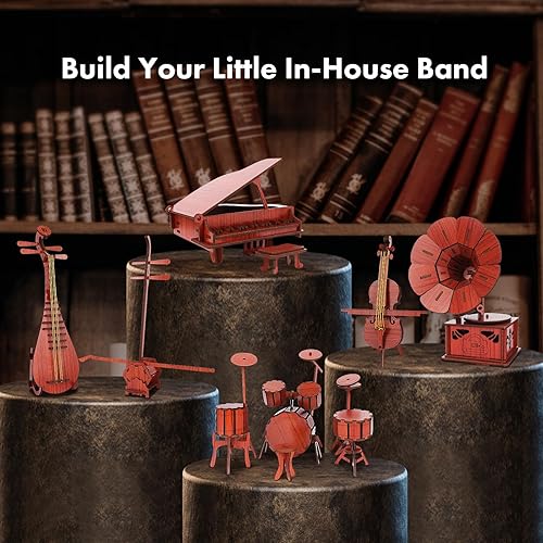 Miniatura 5 de Juego de instrumentos musicales 6 en 1 para adultos con piano, gramófono, kit de batería, violonchelo, erhu y pipa, para decoraciones de madera,