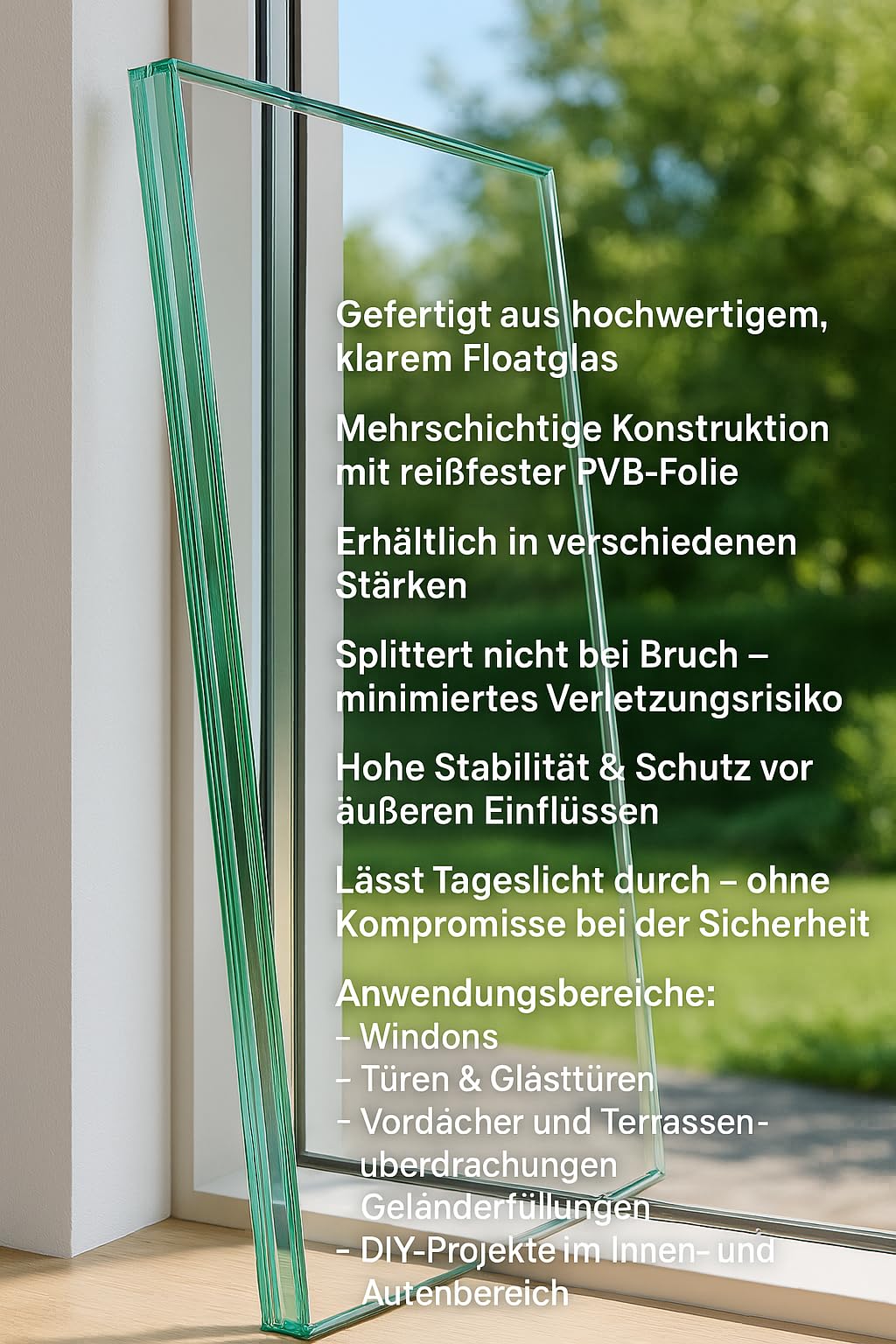 Maßanfertigung von VSG Verbundsicherheitsglas für Größen von 40x40cm bis 100x200cm - klares und mattes VSG aus Floatglas für Fenster, Türen, Vordächer, Terrassenüberdachungen, Carports (Klar, 8,76mm)