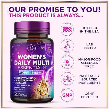 Multivitamin for Women - 3X Strength Daily Women Multivitamin, Vitamins A, D, C, E, Biotin, Folic Acid, Calcium, Iron, Complete Multi Vitamin for Beautiful Hair & Skin, Bottled in USA, 120 Capsules