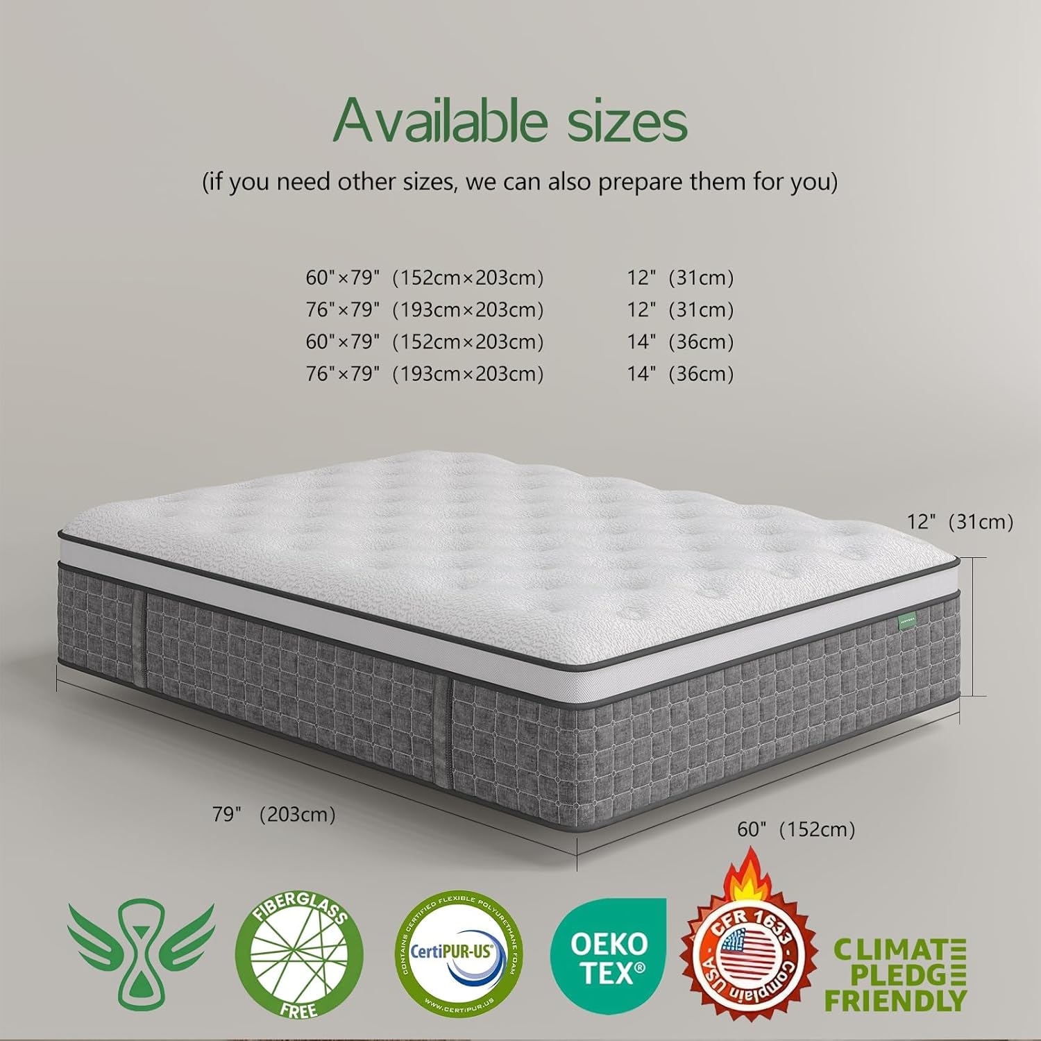 queen size mattress, medium firm 12 inch hybrid mattress queen size in a box - memory foam & pocket springs for back pain relief, fiberglass free, motion isolation, certipur-us & oeko-tex certified 12 inches queen (premier)