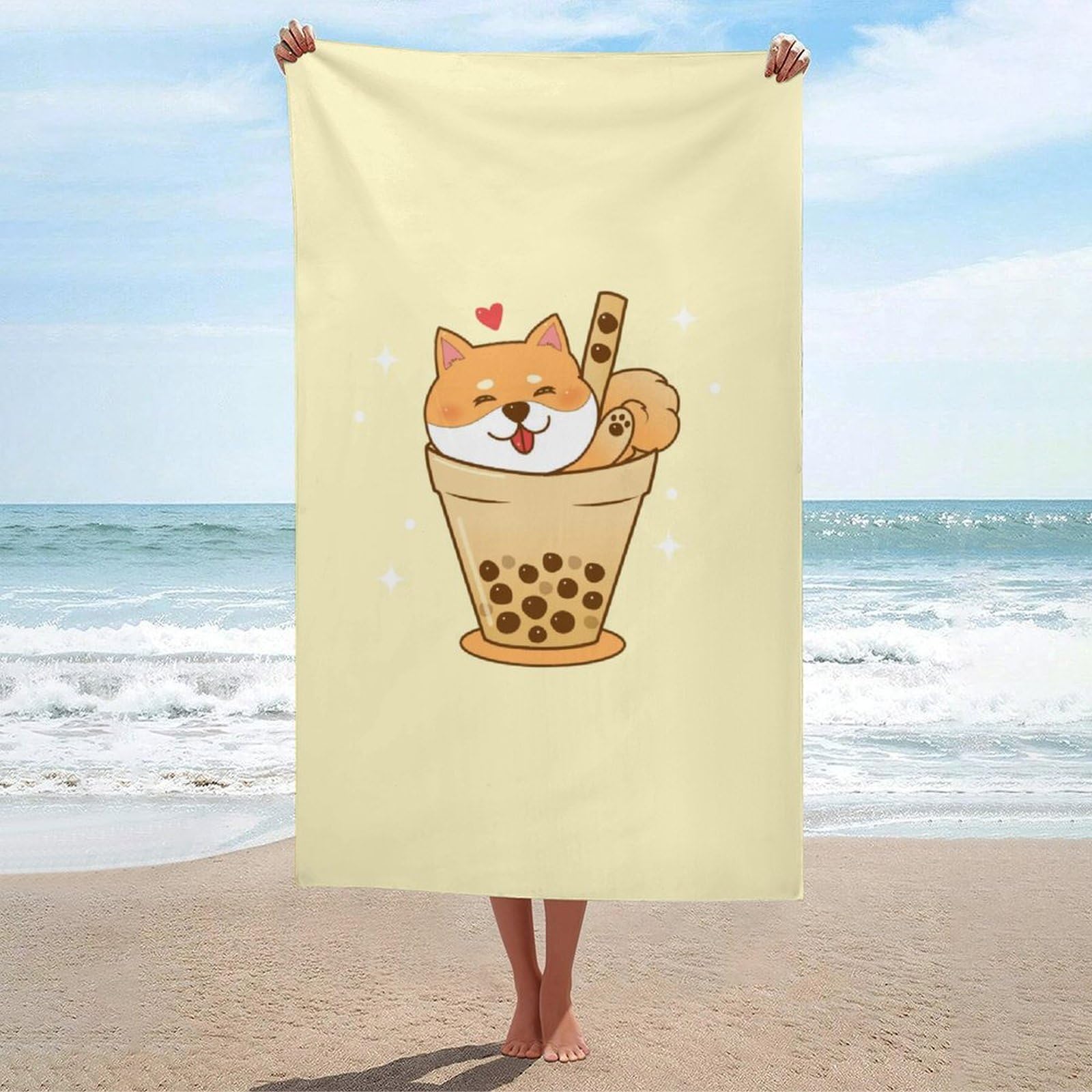 LEDFCVSU Beach Towel, Cute Shiba Inu Bath Towel, Absorbent Towel for Swimming, Sports, Travel