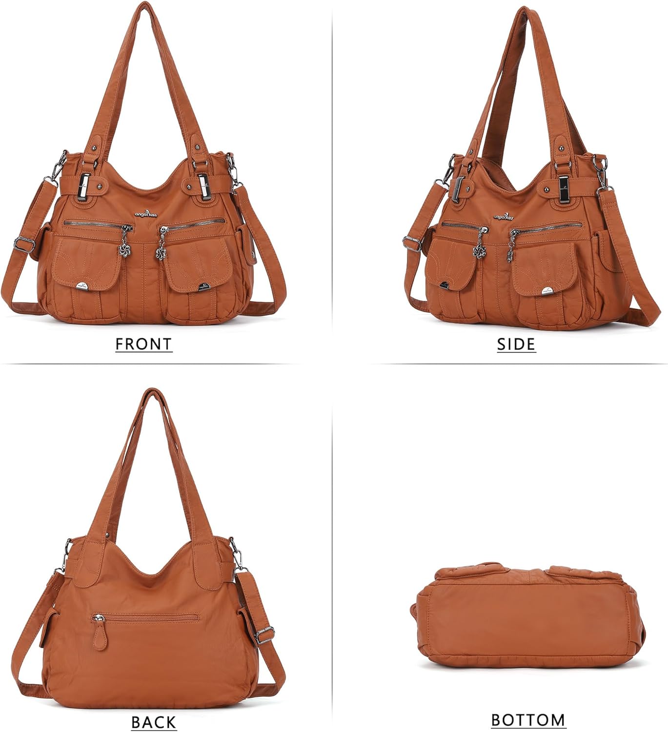 Angel Kiss Women's Designer Handbag Large Double Zipper Multi Pocket Washed Leather Purse - Image 7