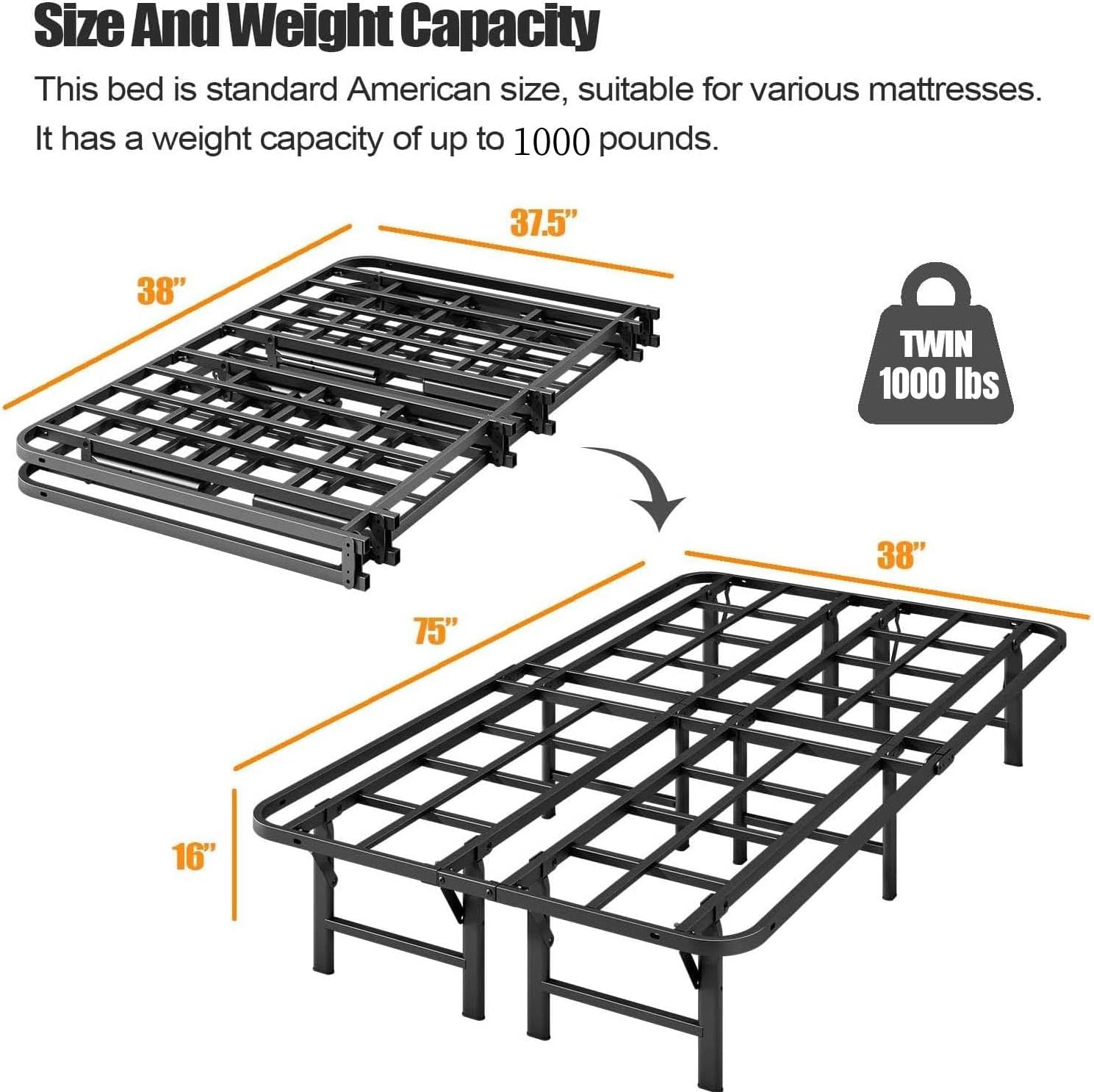 ZIYOO Twin Folding Bed Frames, 16 Inch High Heavy Duty Mattress Foundation, Metal Platform Bed Frame Twin, No Box Spring Needed, Qiuck Assembly, Noise Free, Black - Image 2