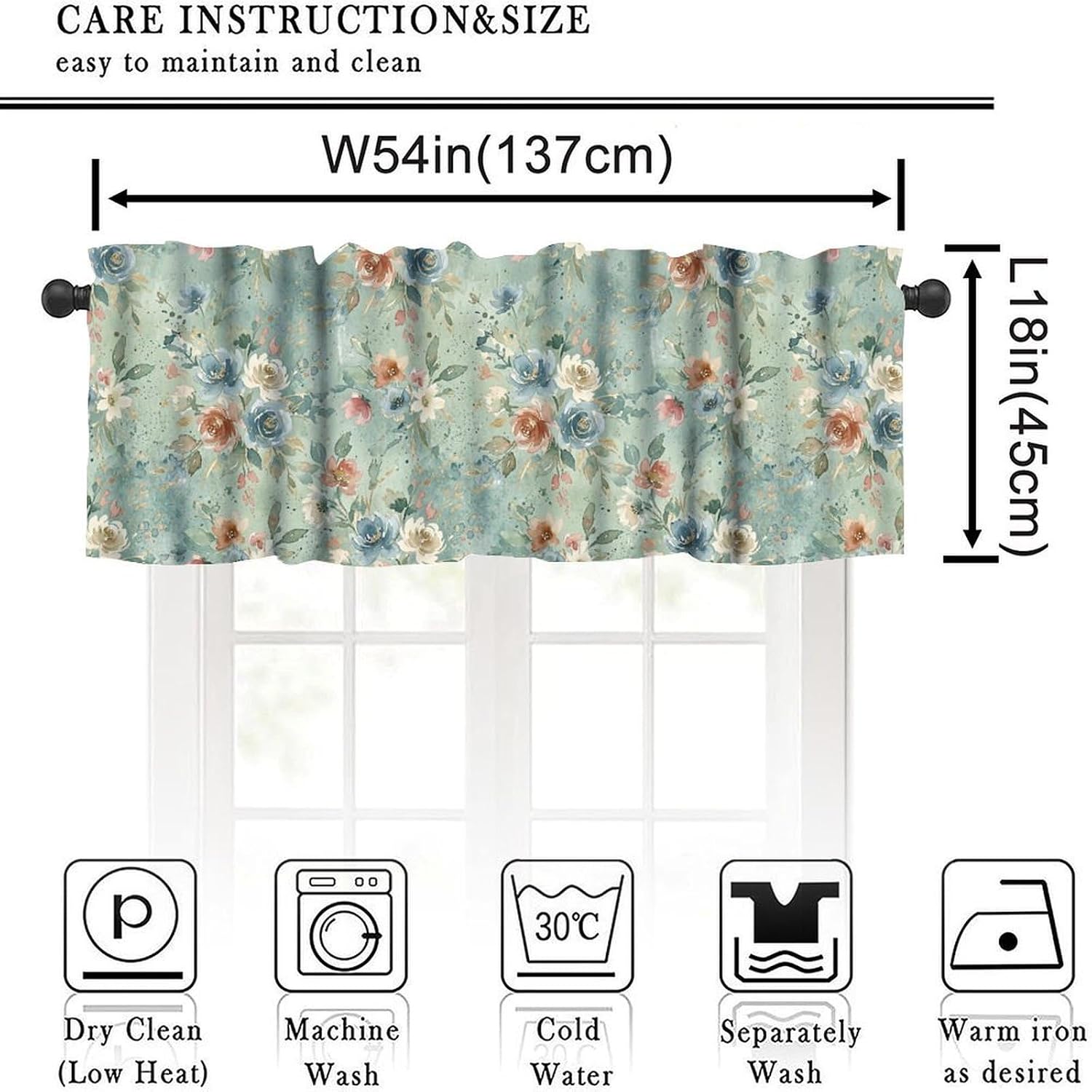 Vintage Blue and Peach Floral Window Valance,Rustic Country Watercolor Flower Valances for Kitchen Living Room,Rod Pocket Short Window Curtain Panel,1 Piece,54 x 18 Inch