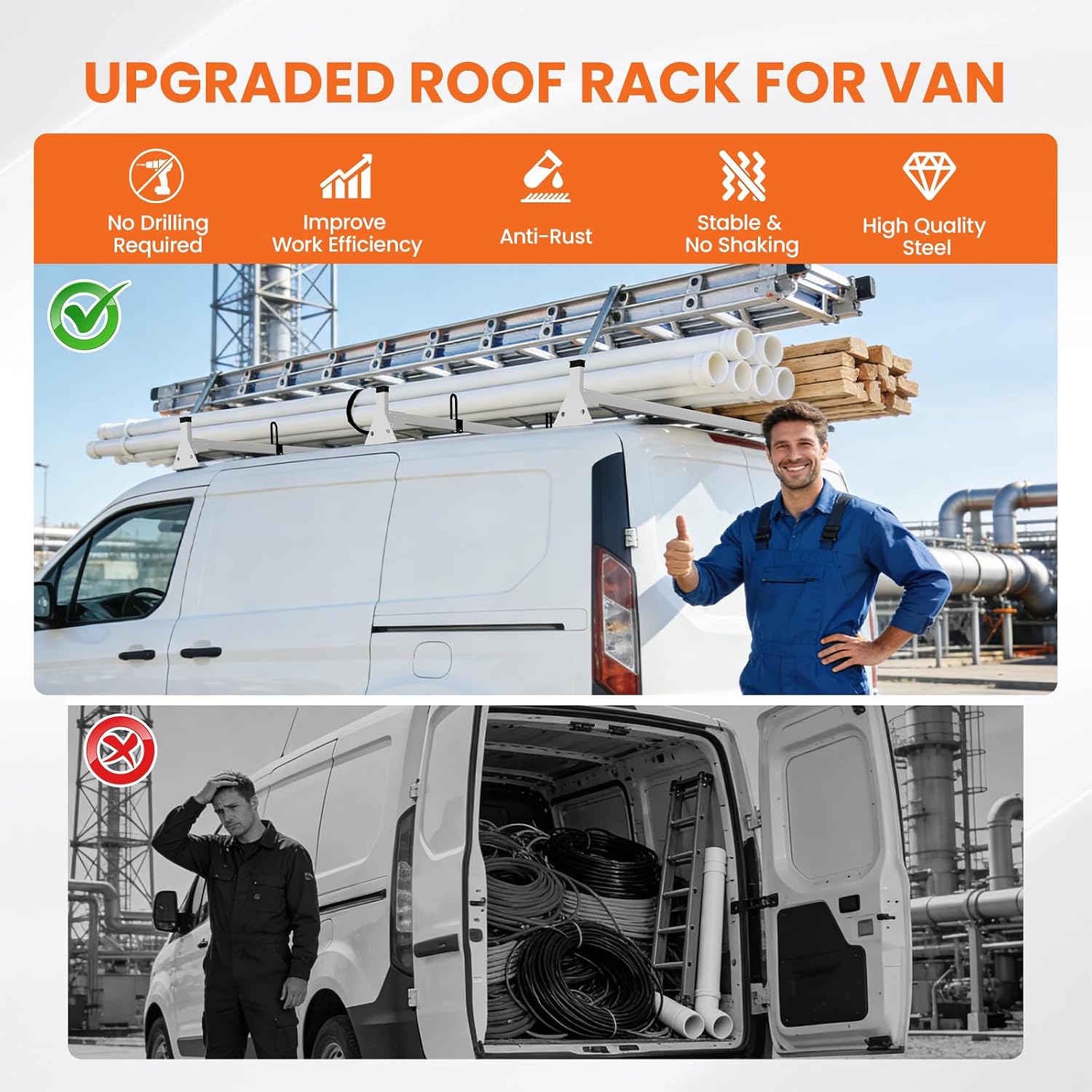 Ladder Rack for Van Fits for Ford Transit Connect 2014-On,Roof Rack for Cargo Van No‑Drill Required (Not Fit for Full-Size Ford Transit),3 Crossbars,800lbs