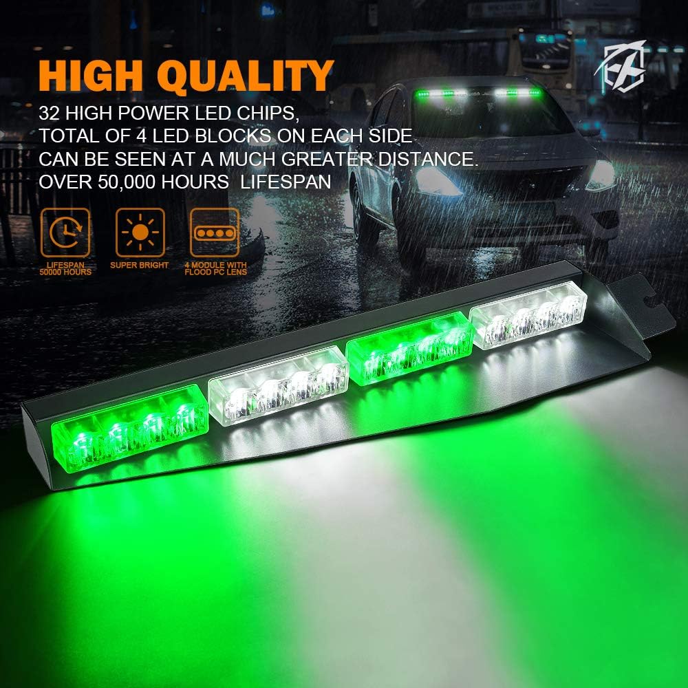 Xprite LED Visor Strobe Light Bar Interior Windshield Sunvisor Emergency Hazard Warning Flashing Lights w/Extend Bracket Split Mount for Law Enforcement Vehicles Trucks White Green