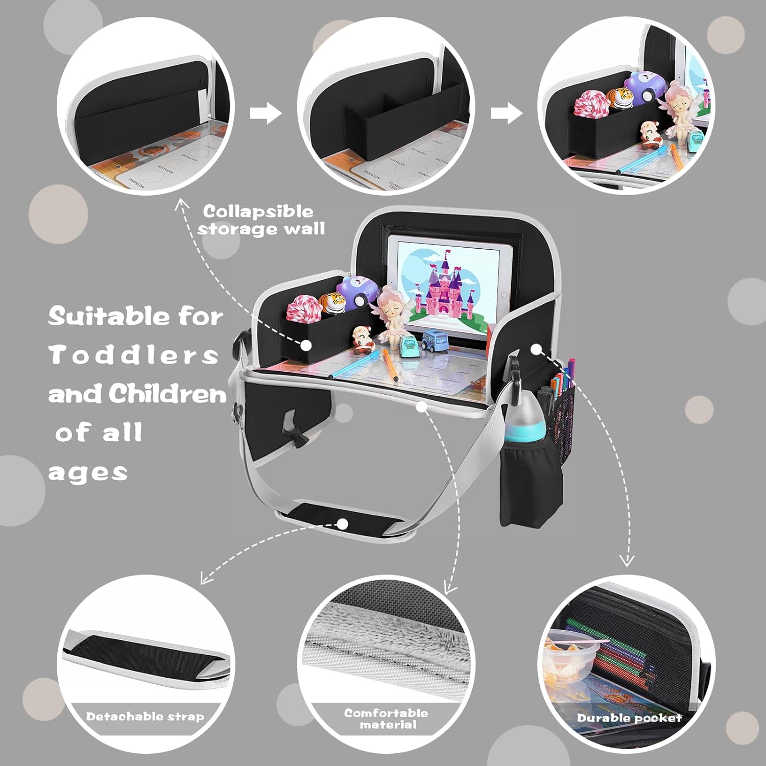 MENZOKE Kids Travel Tray for Toddler Car Seat, Toddler Gift for Boy Activities with Dry Erase Board & iPad Holder Stand, Road Trip Essentials Accessories Lap Tray for Boy as Birthday Gift, Black